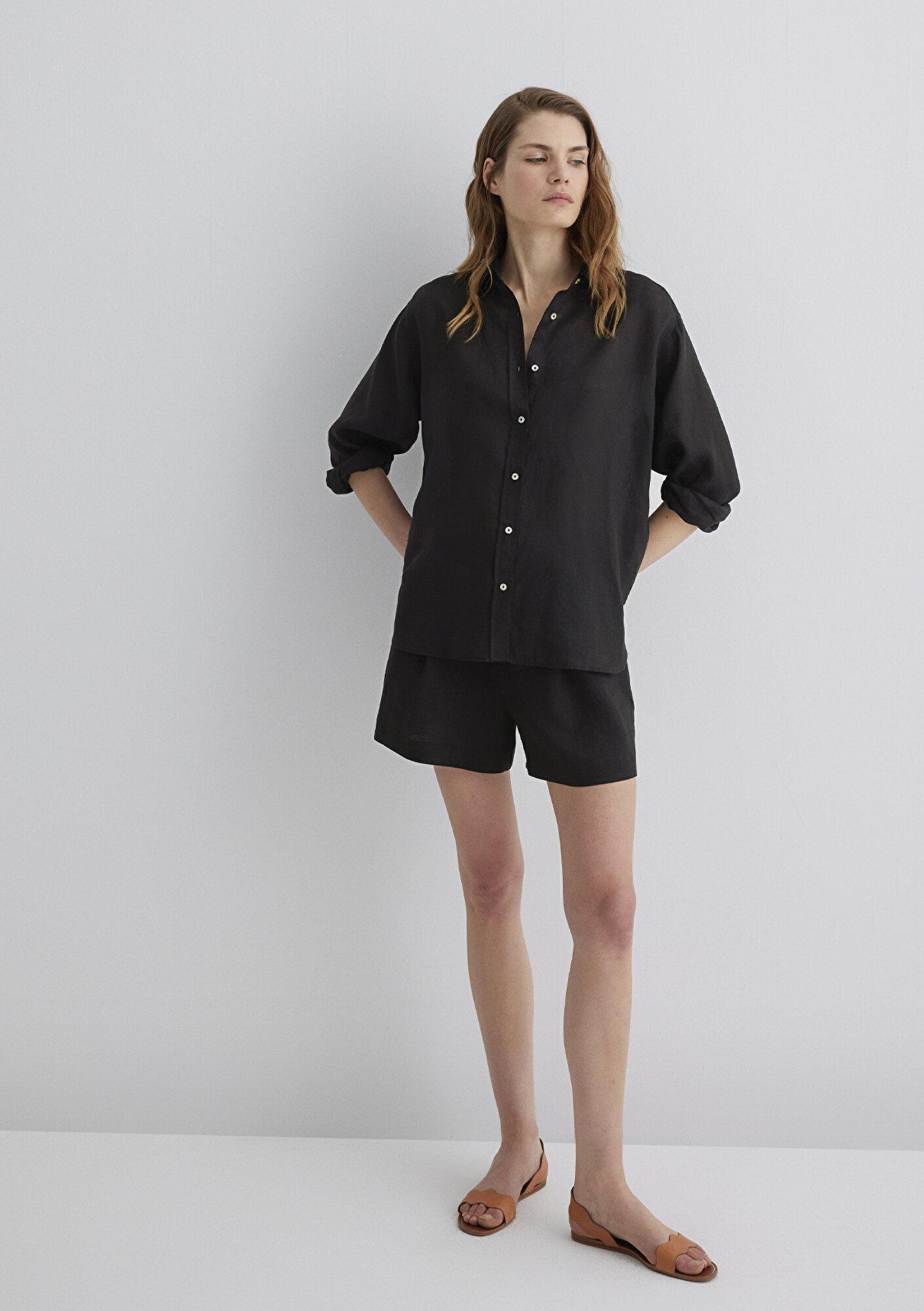 Mavi Siyah Keten Gömlek Loose Fit / Bol Rahat Kesim 1210747-900