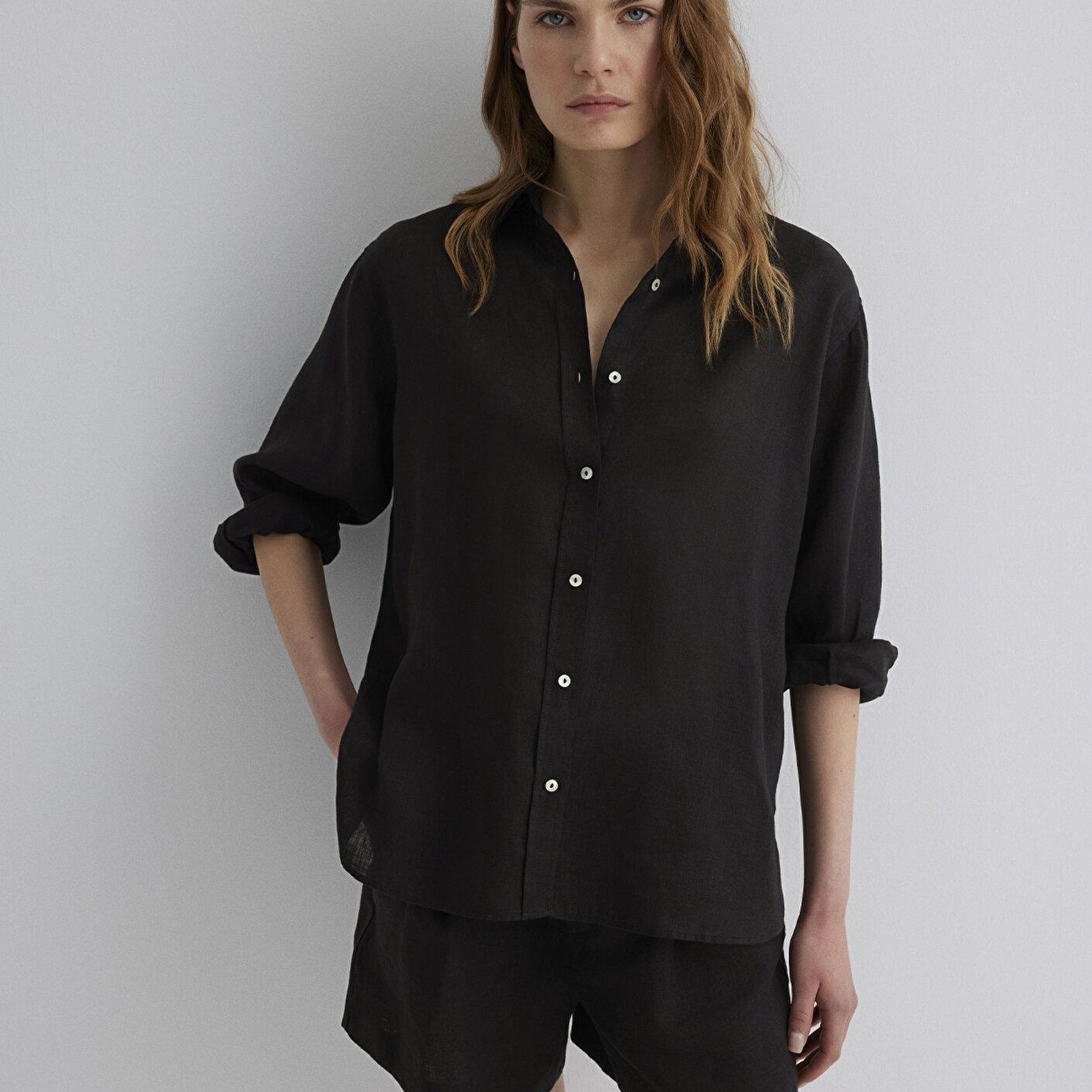 Mavi Siyah Keten Gömlek Loose Fit / Bol Rahat Kesim 1210747-900