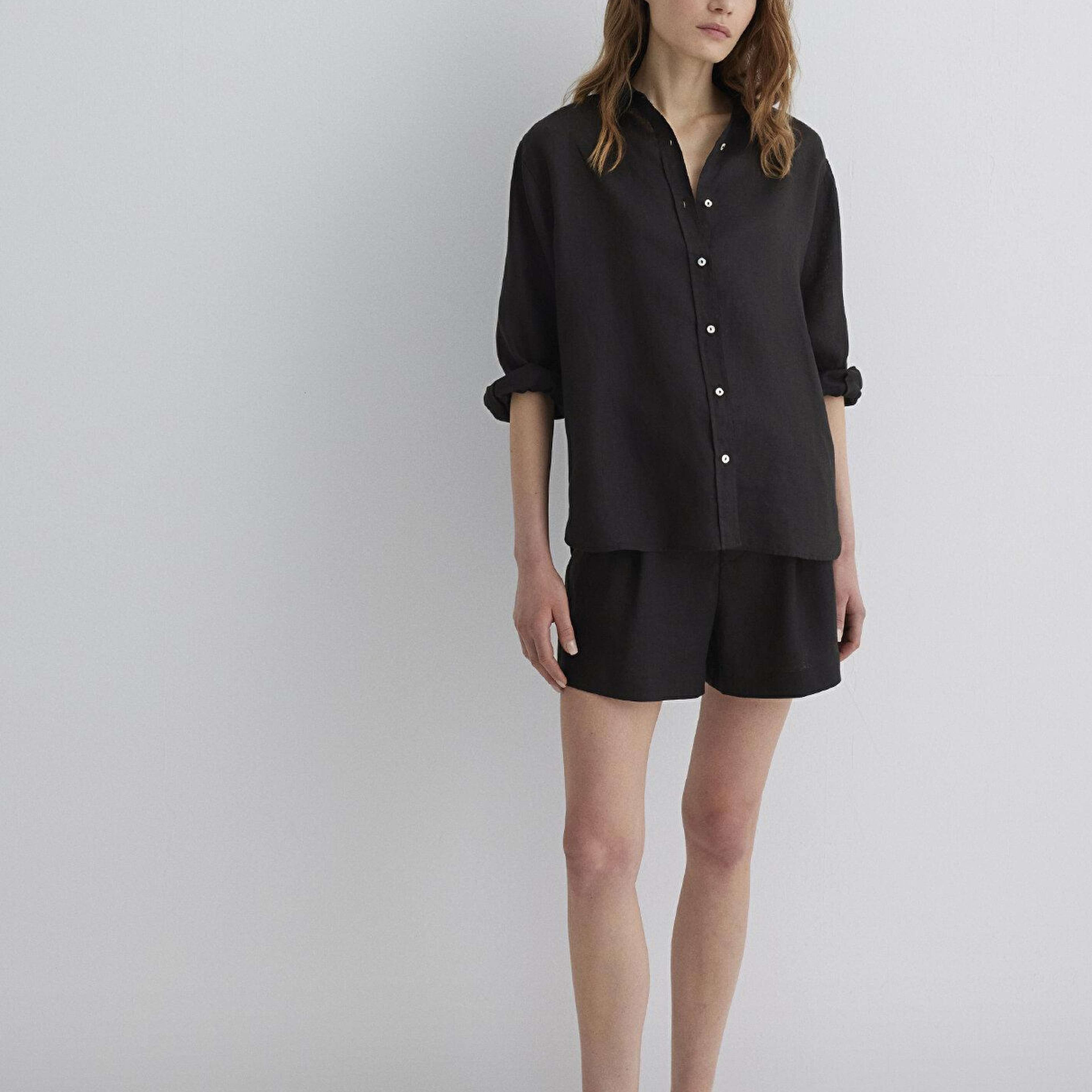 Mavi Siyah Keten Gömlek Loose Fit / Bol Rahat Kesim 1210747-900