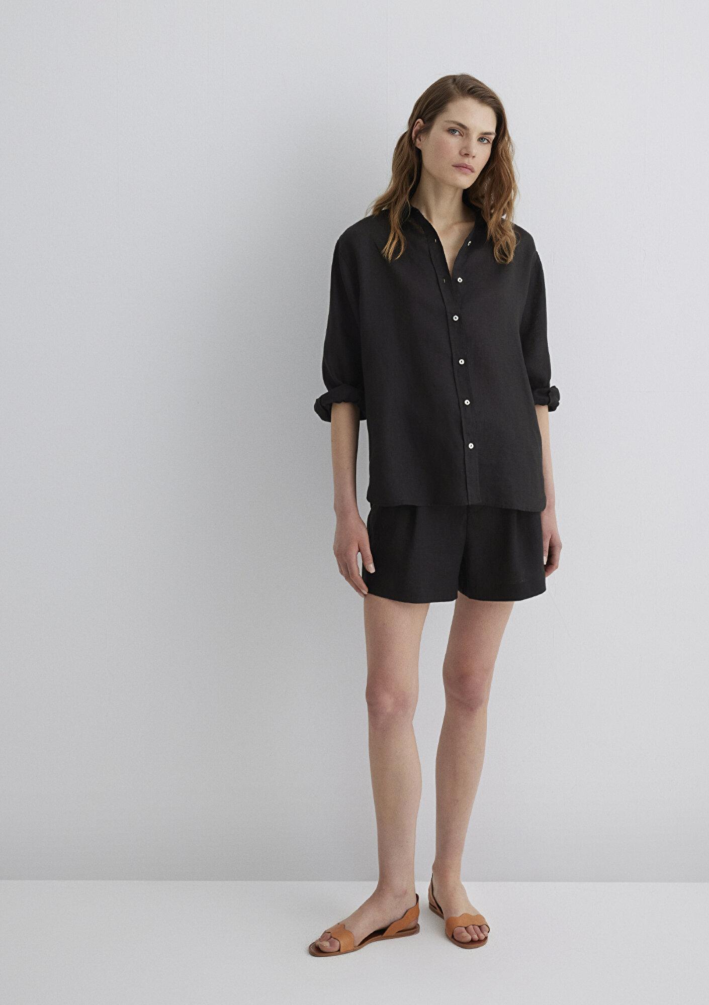 Mavi Siyah Keten Gömlek Loose Fit / Bol Rahat Kesim 1210747-900