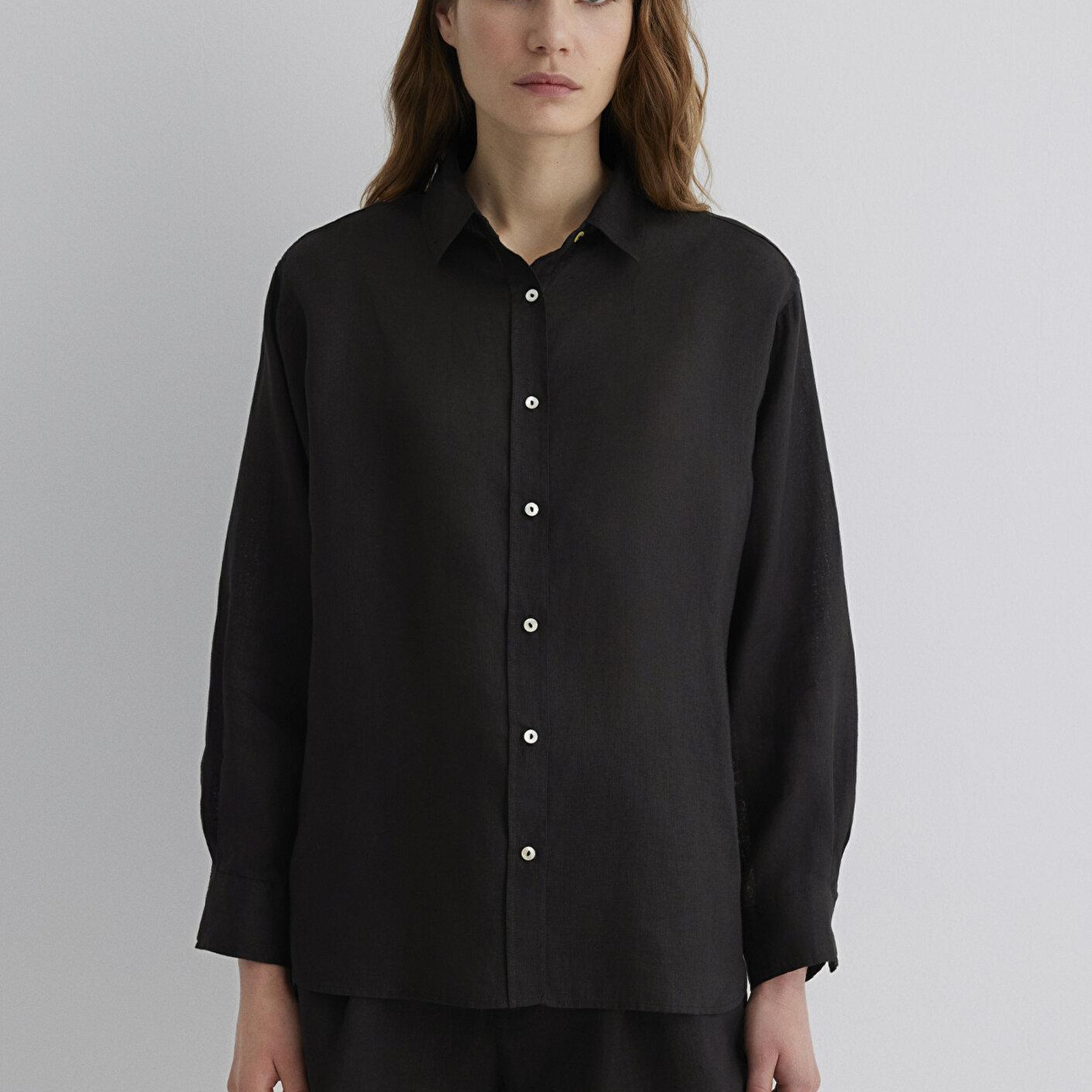 Mavi Siyah Keten Gömlek Loose Fit / Bol Rahat Kesim 1210747-900