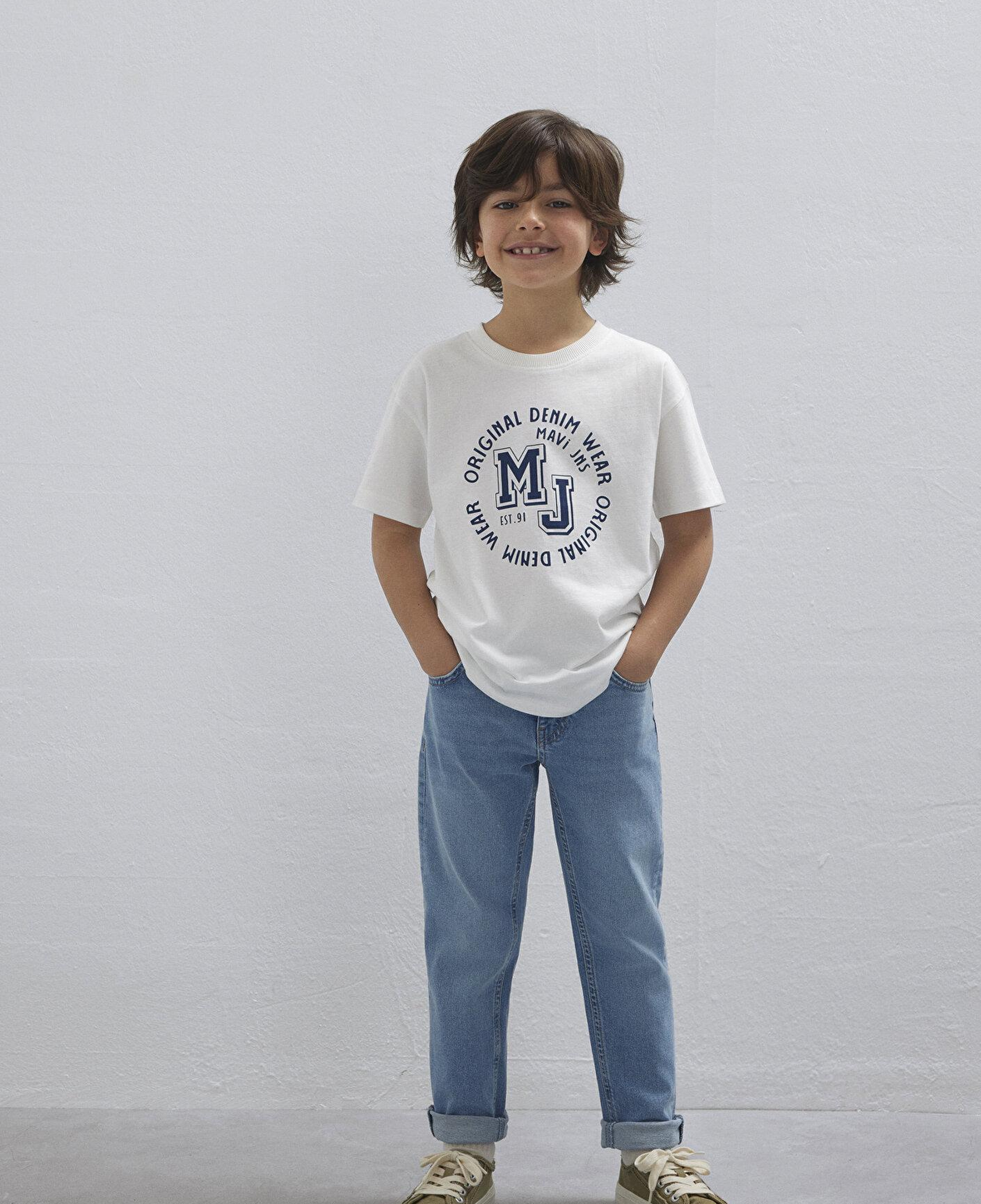 Mavi MJ Logo Baskılı Ekru Tişört Loose Fit / Bol Rahat Kesim 6610395-70057