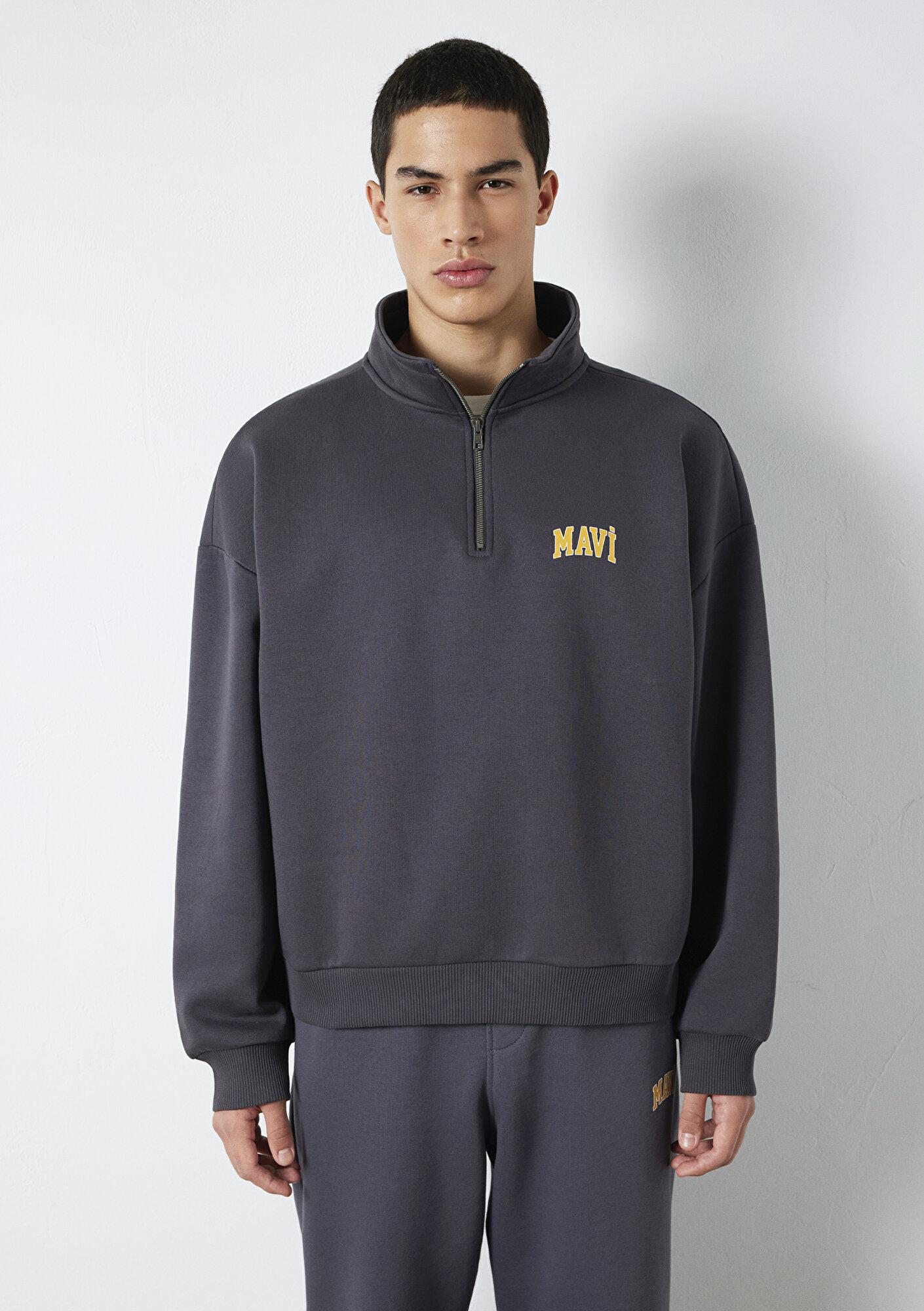 Mavi Mavi Logo Baskılı Yarı Fermuarlı Antrasit Sweatshirt 0S10208-70101