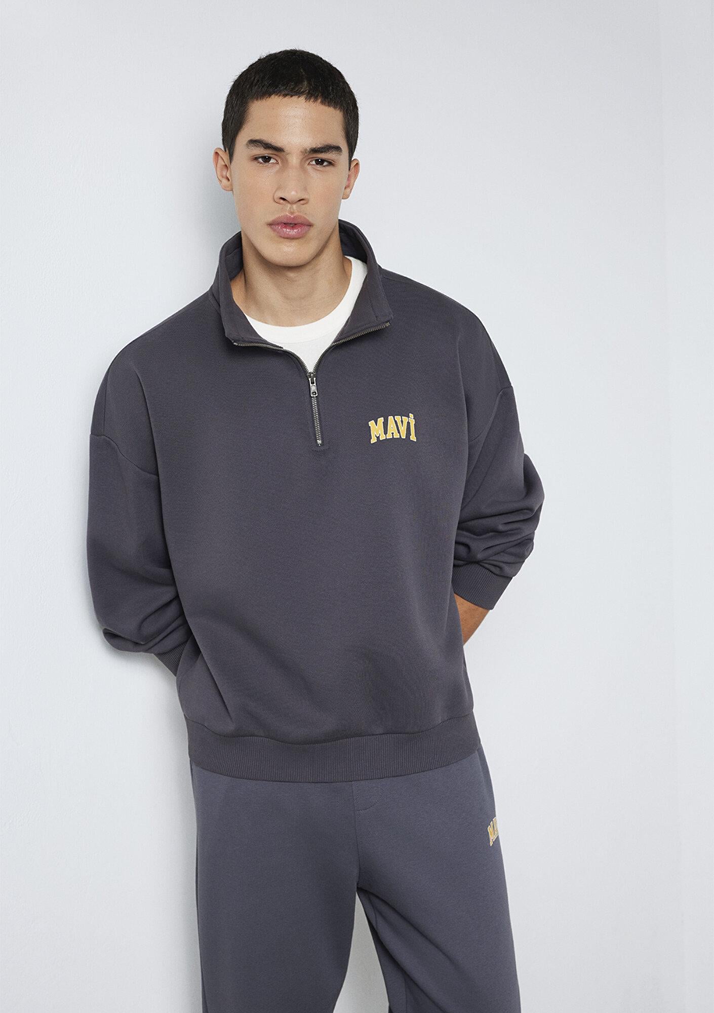 Mavi Mavi Logo Baskılı Yarı Fermuarlı Antrasit Sweatshirt 0S10208-70101