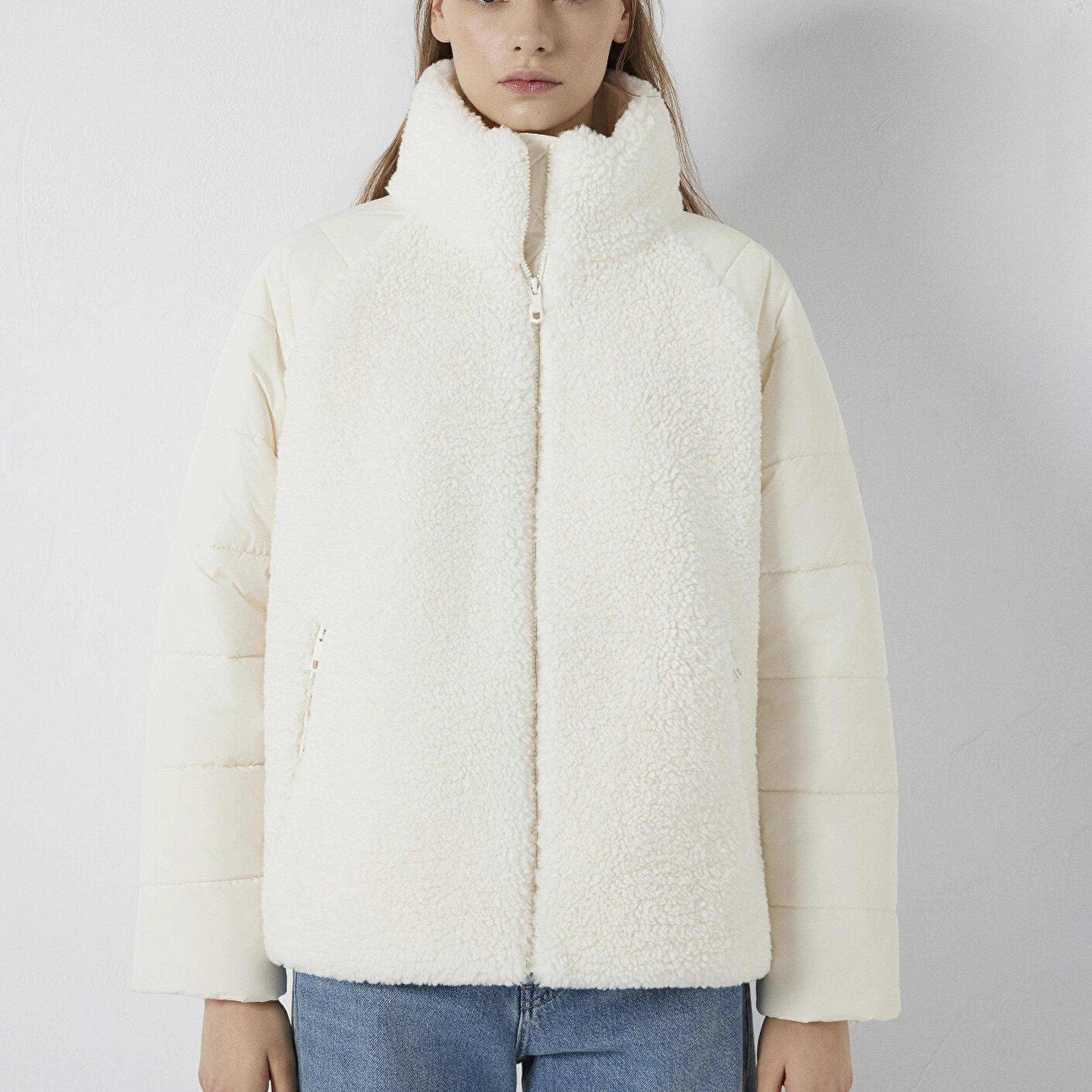 Mavi Dik Yaka Ekru Sherpa Ceket Loose Fit / Bol Rahat Kesim 1110818-80194