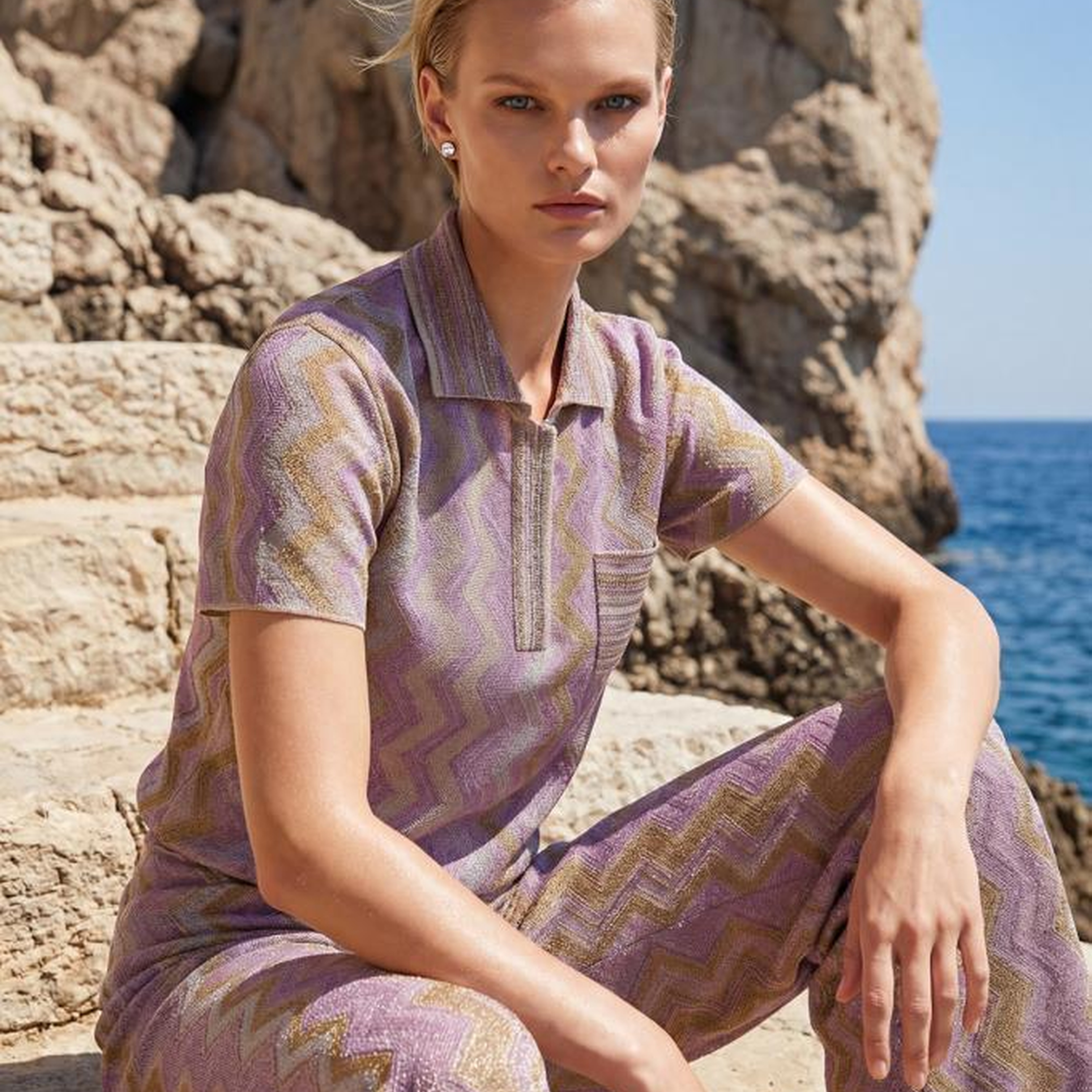 Join Us Polo Yaka Desenli Simli Pembe Bluz