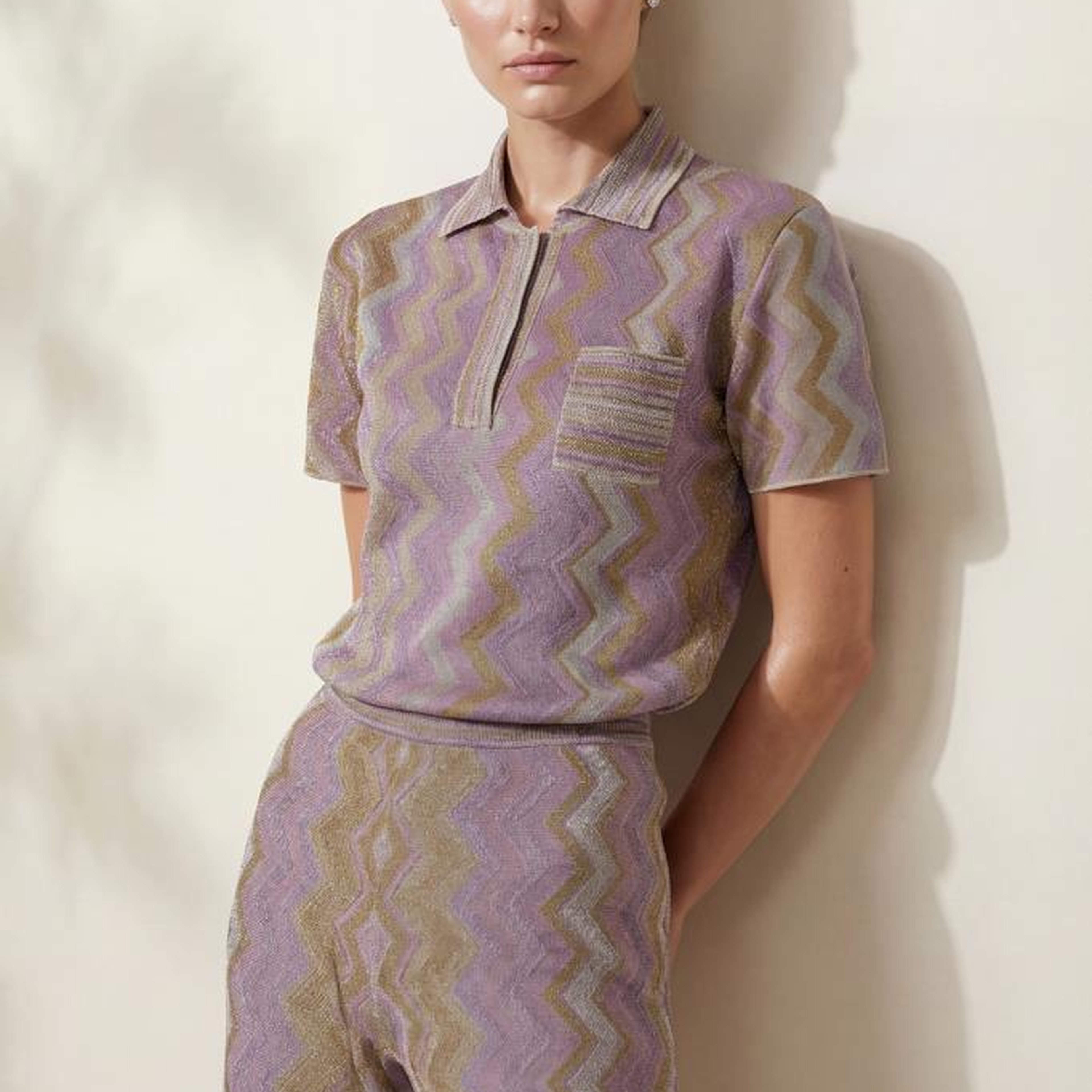 Join Us Polo Yaka Desenli Simli Pembe Bluz