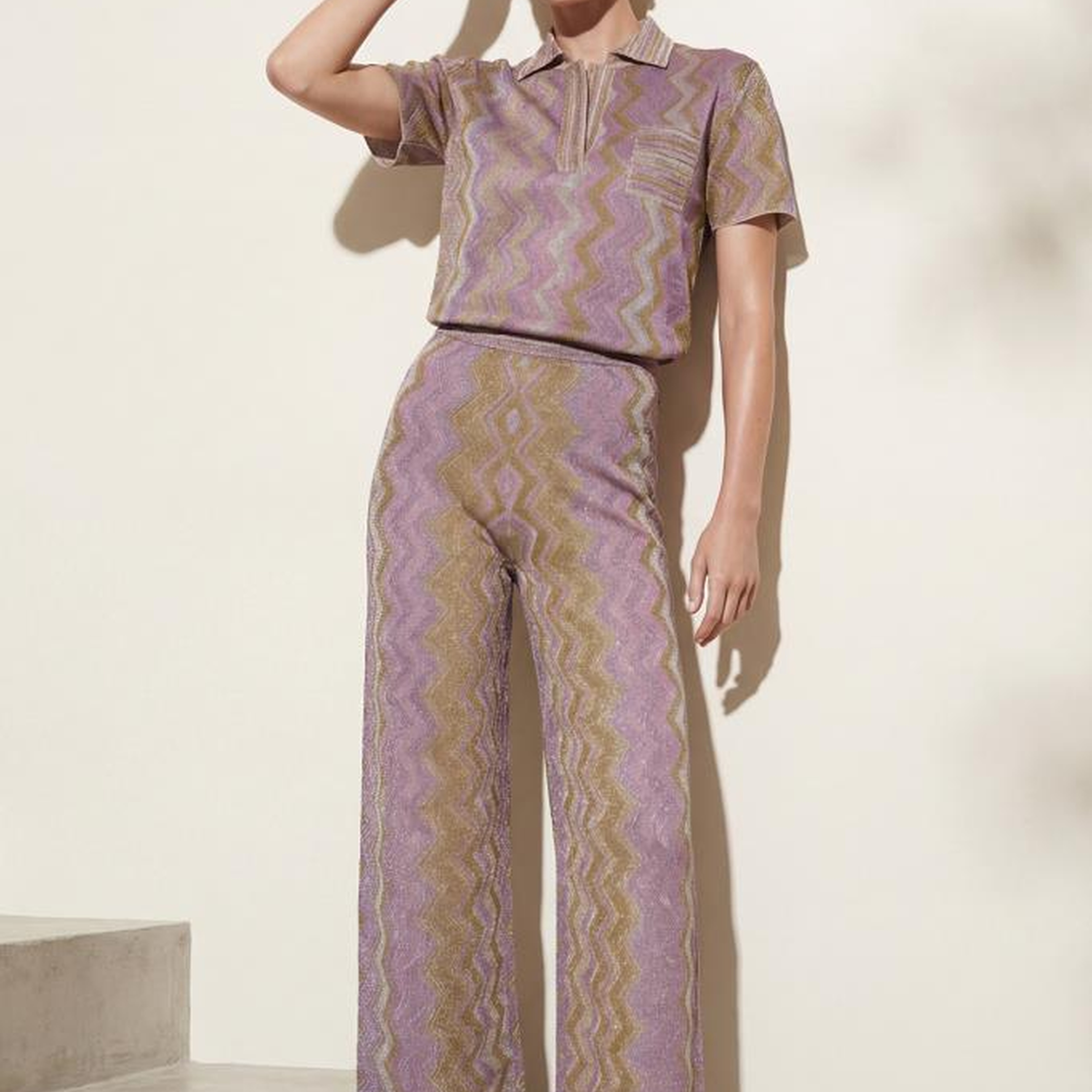 Join Us Polo Yaka Desenli Simli Pembe Bluz