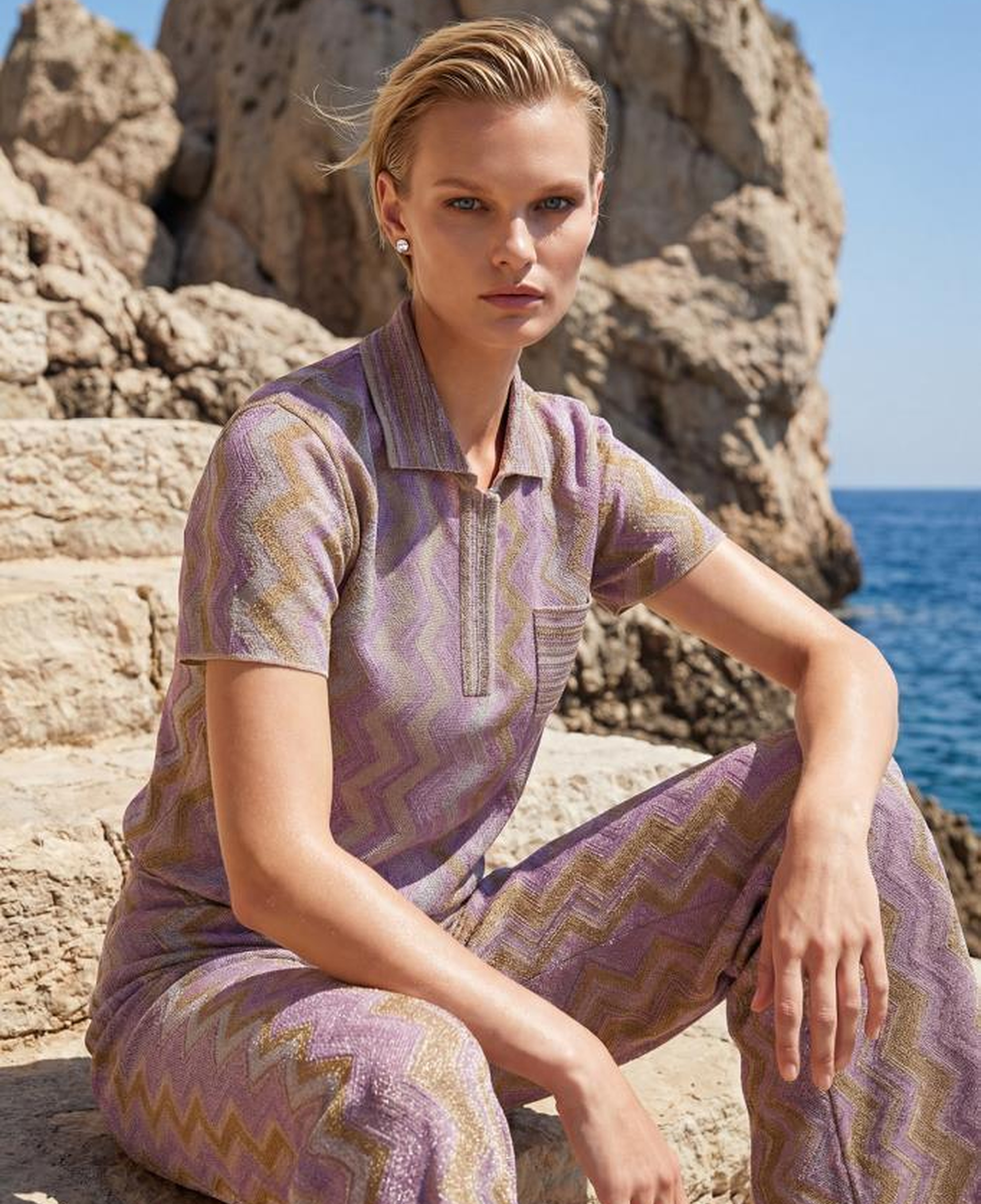 Join Us Polo Yaka Desenli Simli Pembe Bluz