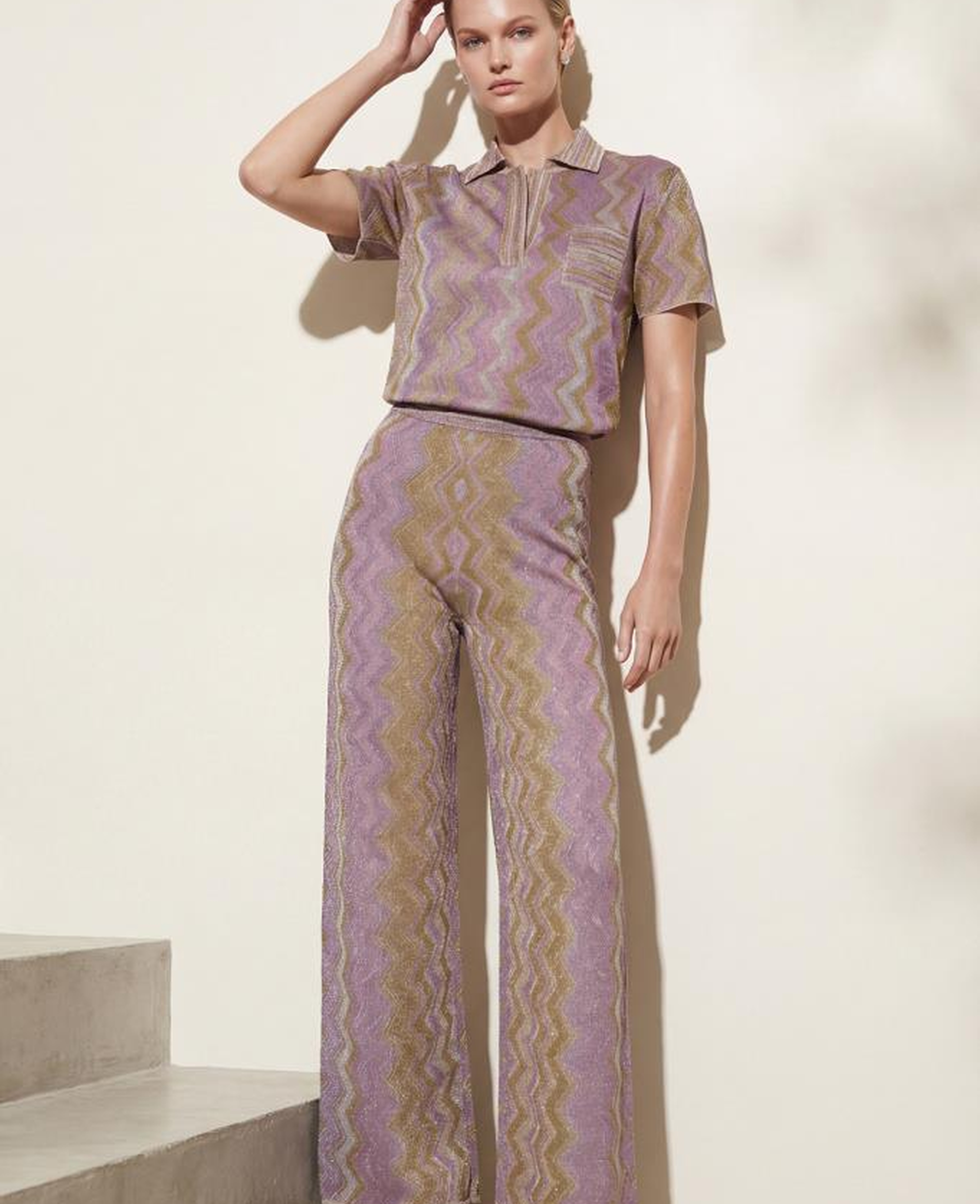 Join Us Polo Yaka Desenli Simli Pembe Bluz