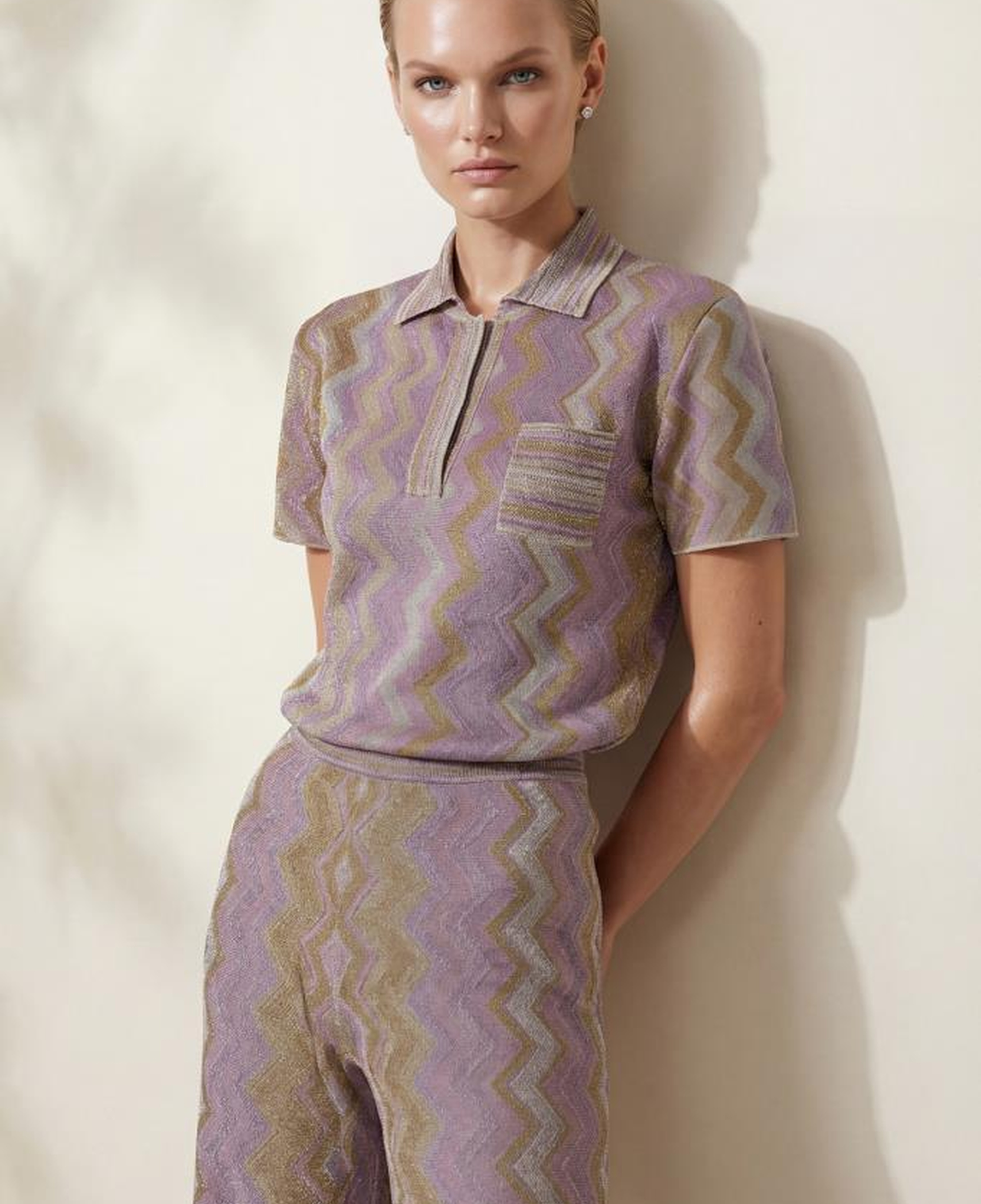 Join Us Polo Yaka Desenli Simli Pembe Bluz