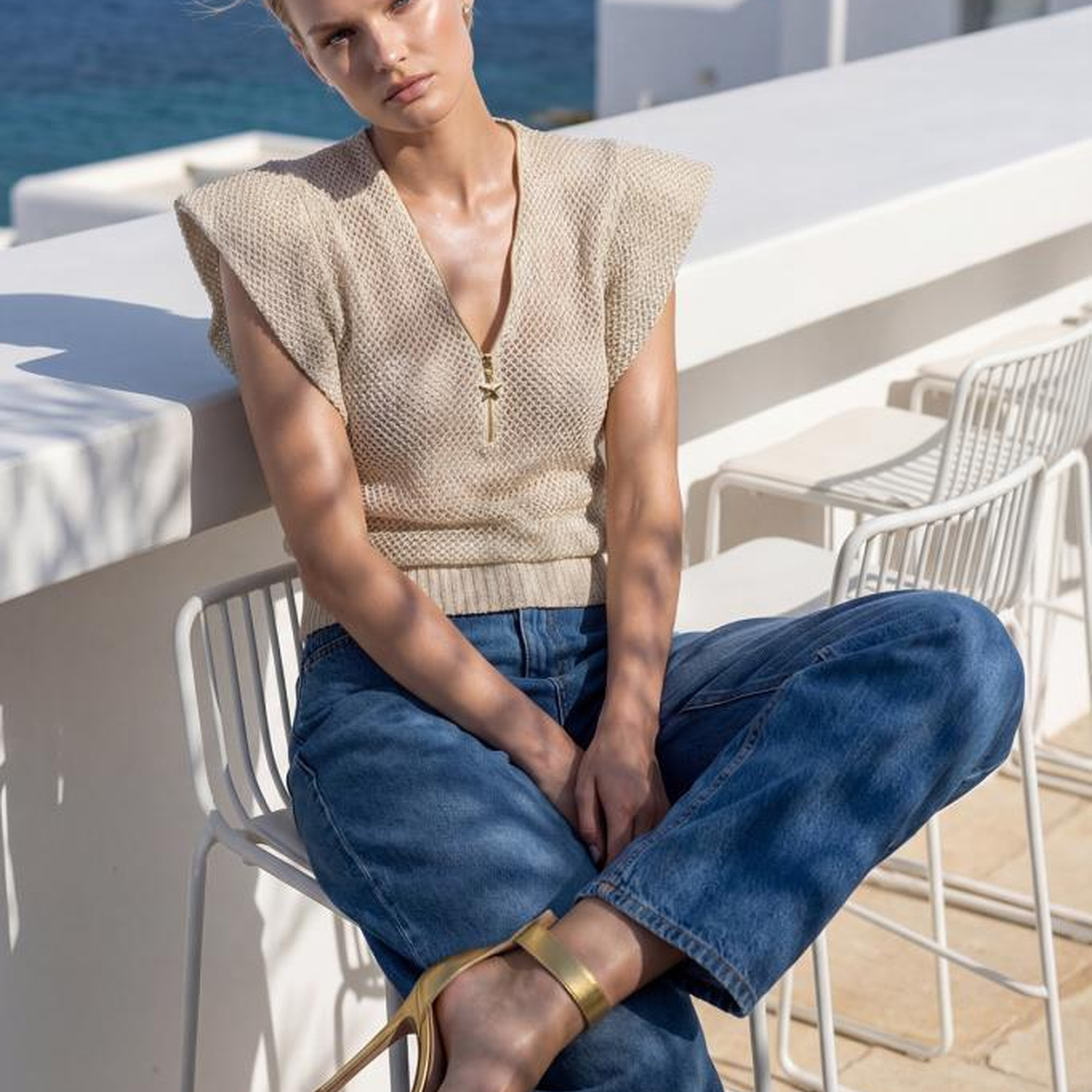 Join Us Gold Fermuar Detaylı Ajurlu Simli Ekru Bluz