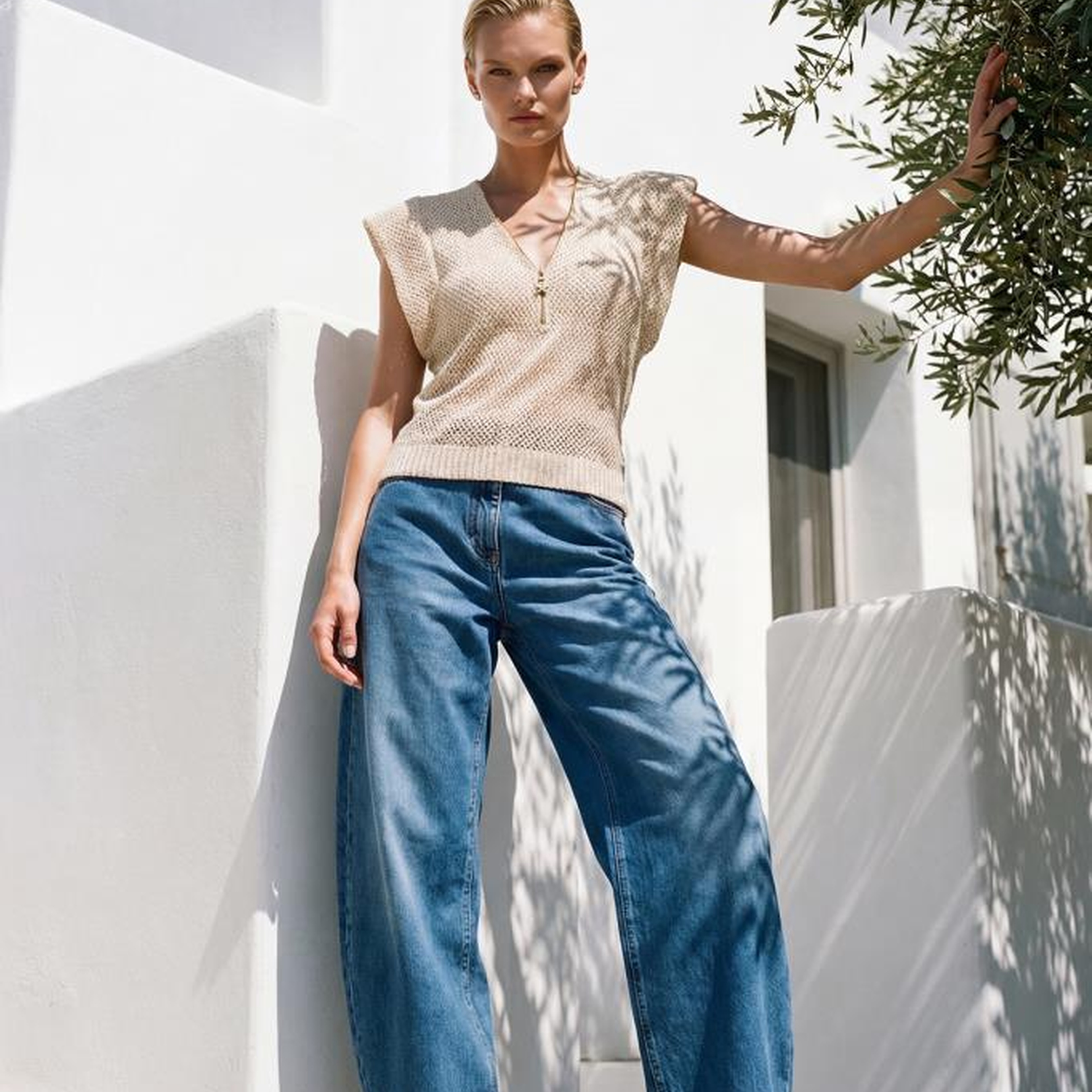 Join Us Gold Fermuar Detaylı Ajurlu Simli Ekru Bluz