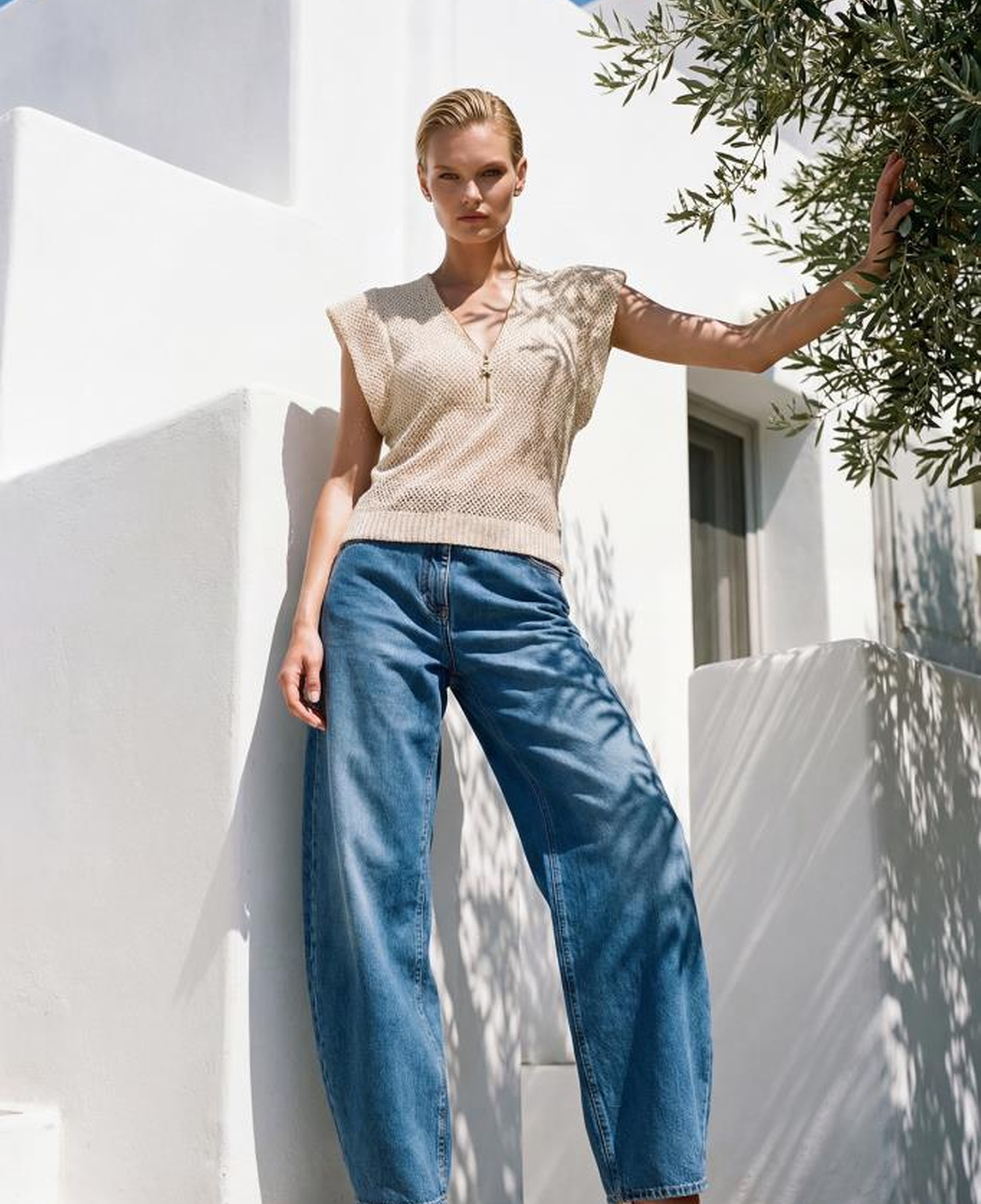 Join Us Gold Fermuar Detaylı Ajurlu Simli Ekru Bluz