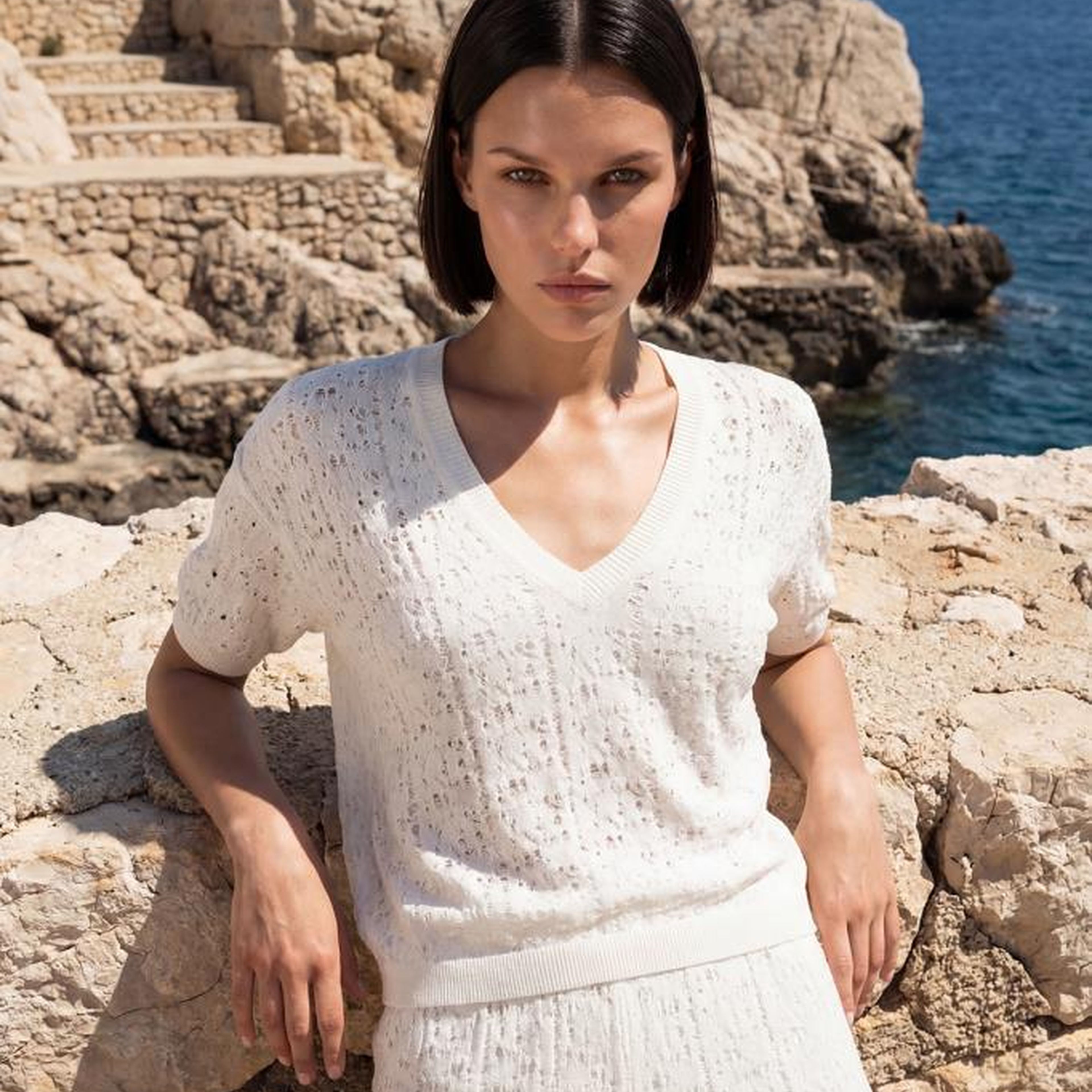 Join Us V Yaka Ajurlu Beyaz Bluz