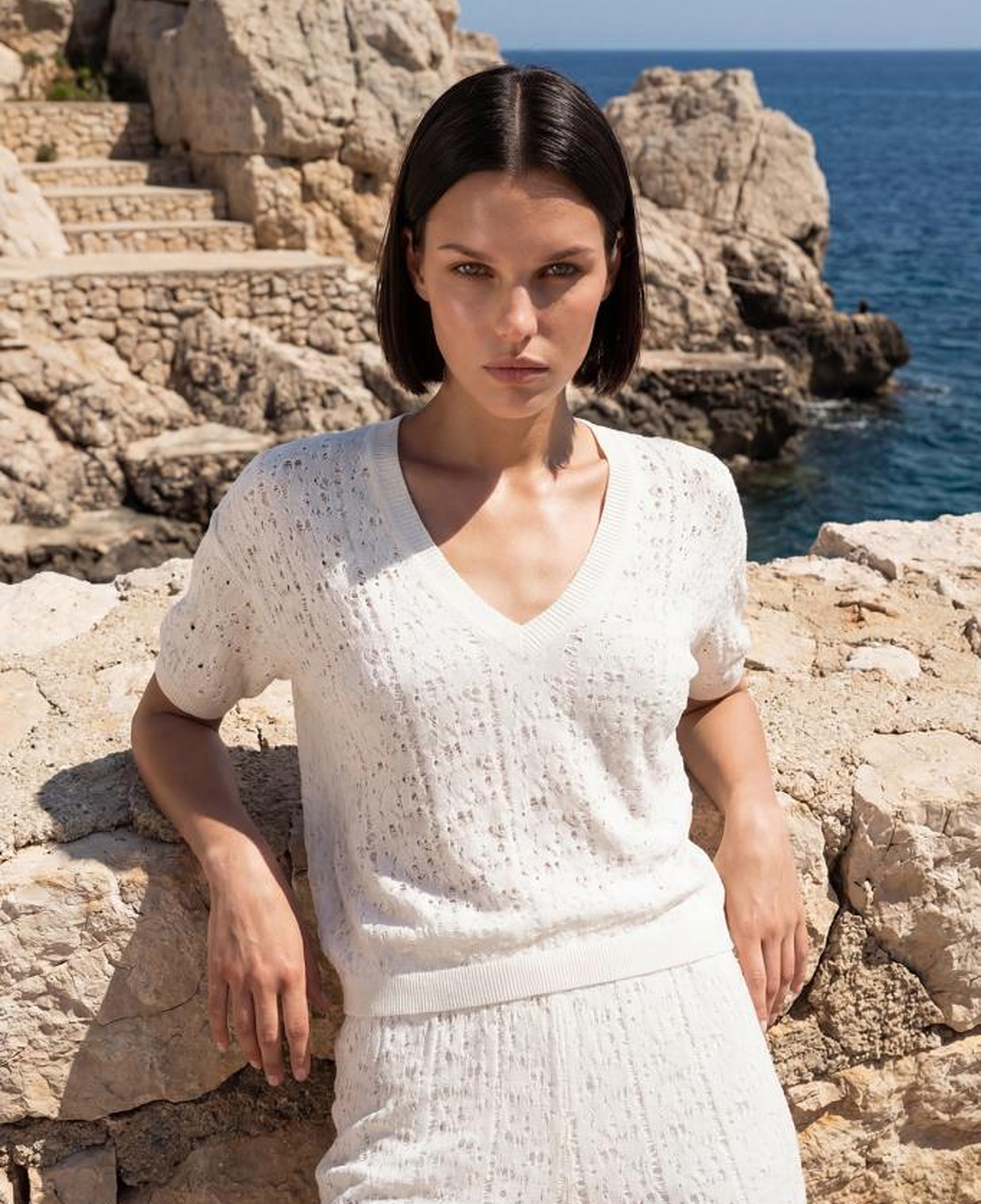 Join Us V Yaka Ajurlu Beyaz Bluz