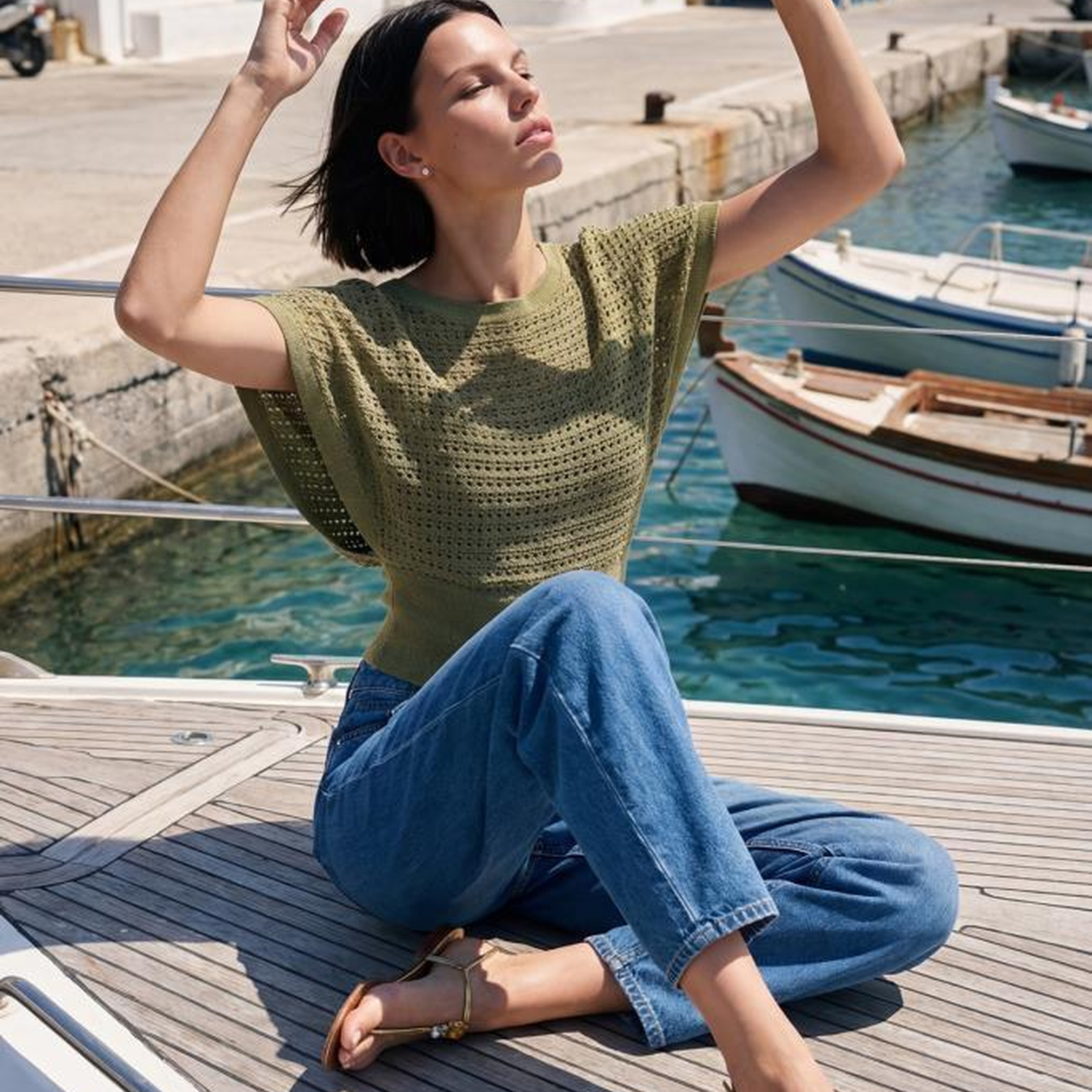 Join Us Kayık Yaka Ajurlu Yarasa Kol Yeşil Bluz