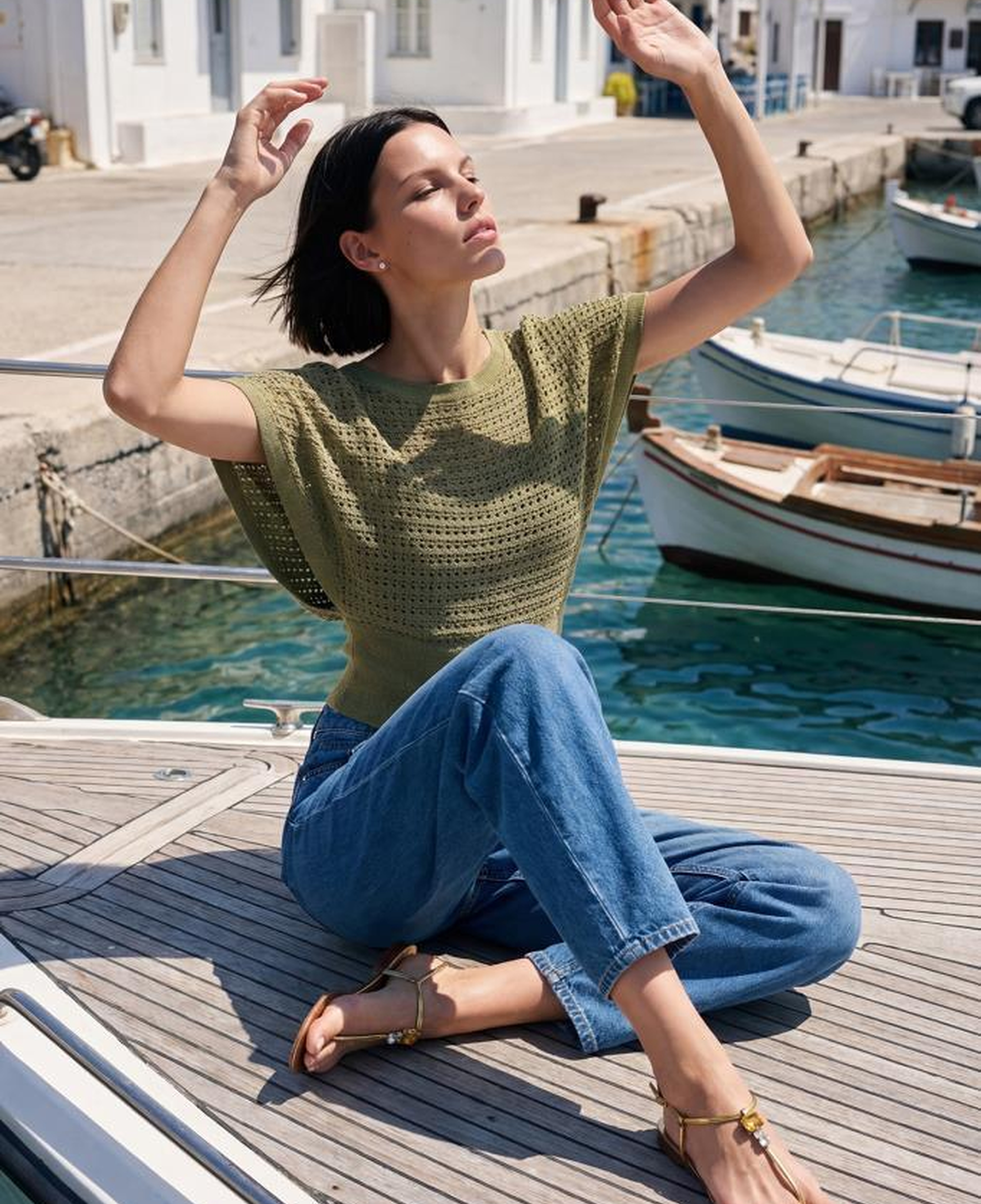 Join Us Kayık Yaka Ajurlu Yarasa Kol Yeşil Bluz