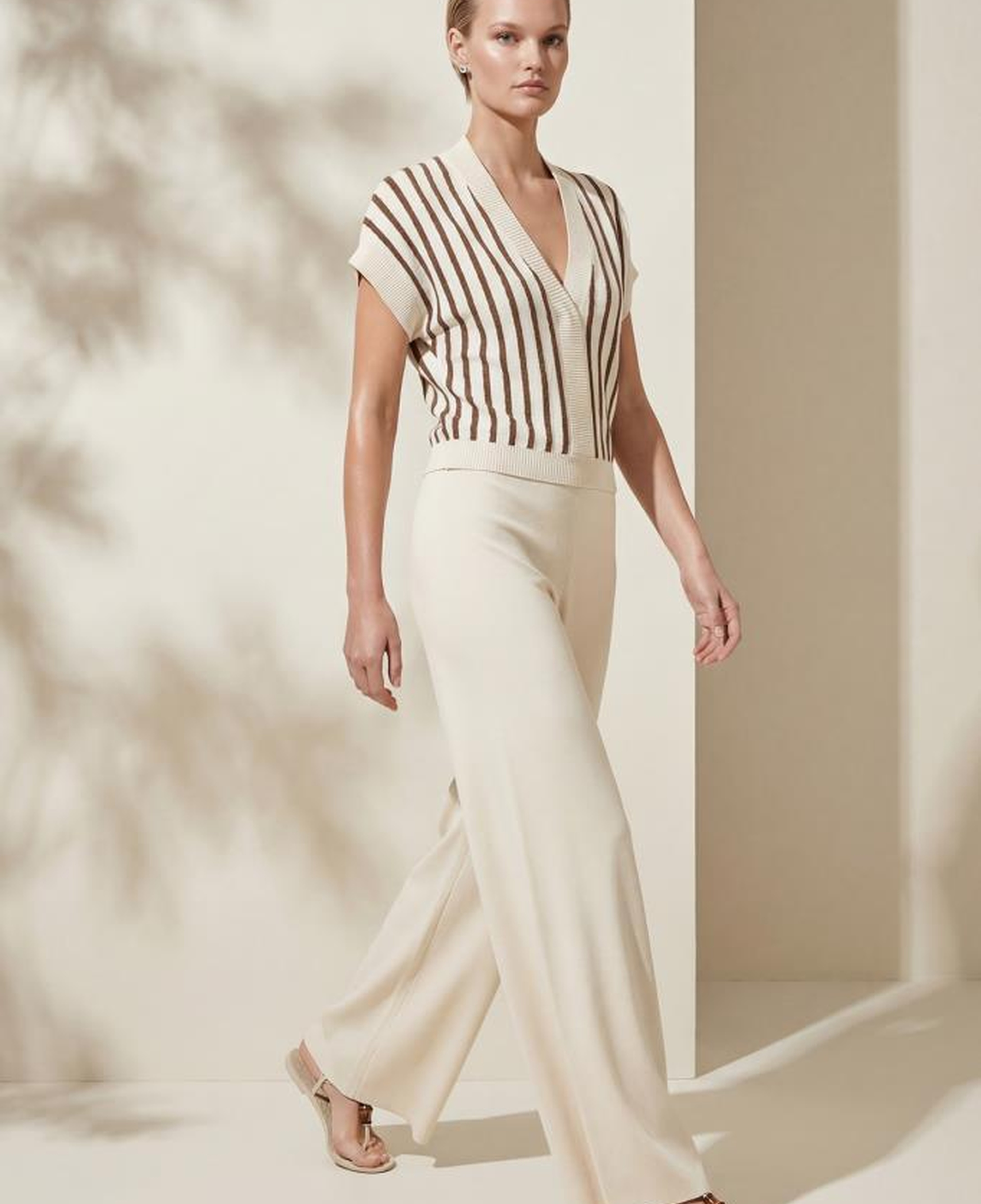 Join Us V Yaka Çizgili Ekru Bluz