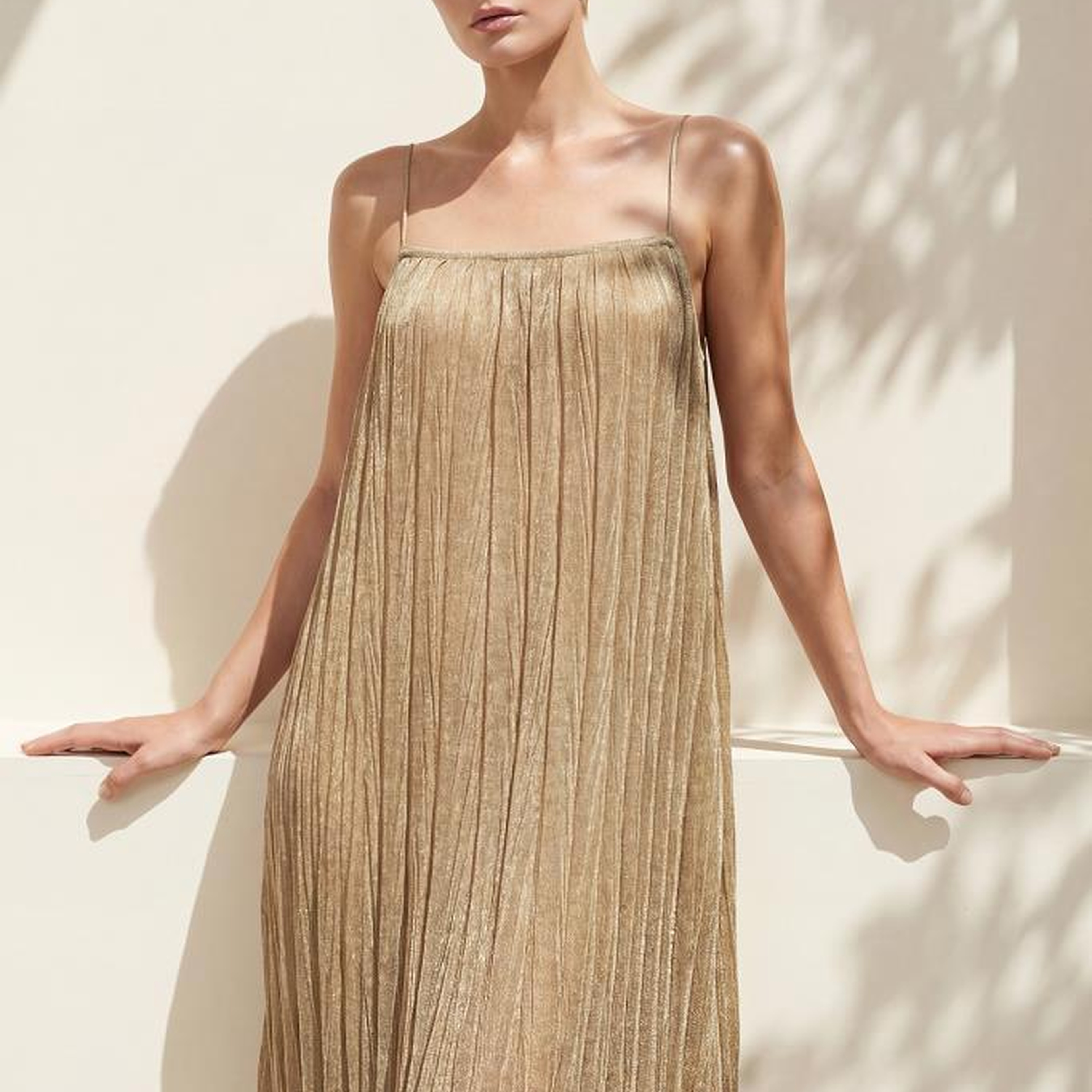 Join Us Astarlı Piliseli Maxi Bej Elbise