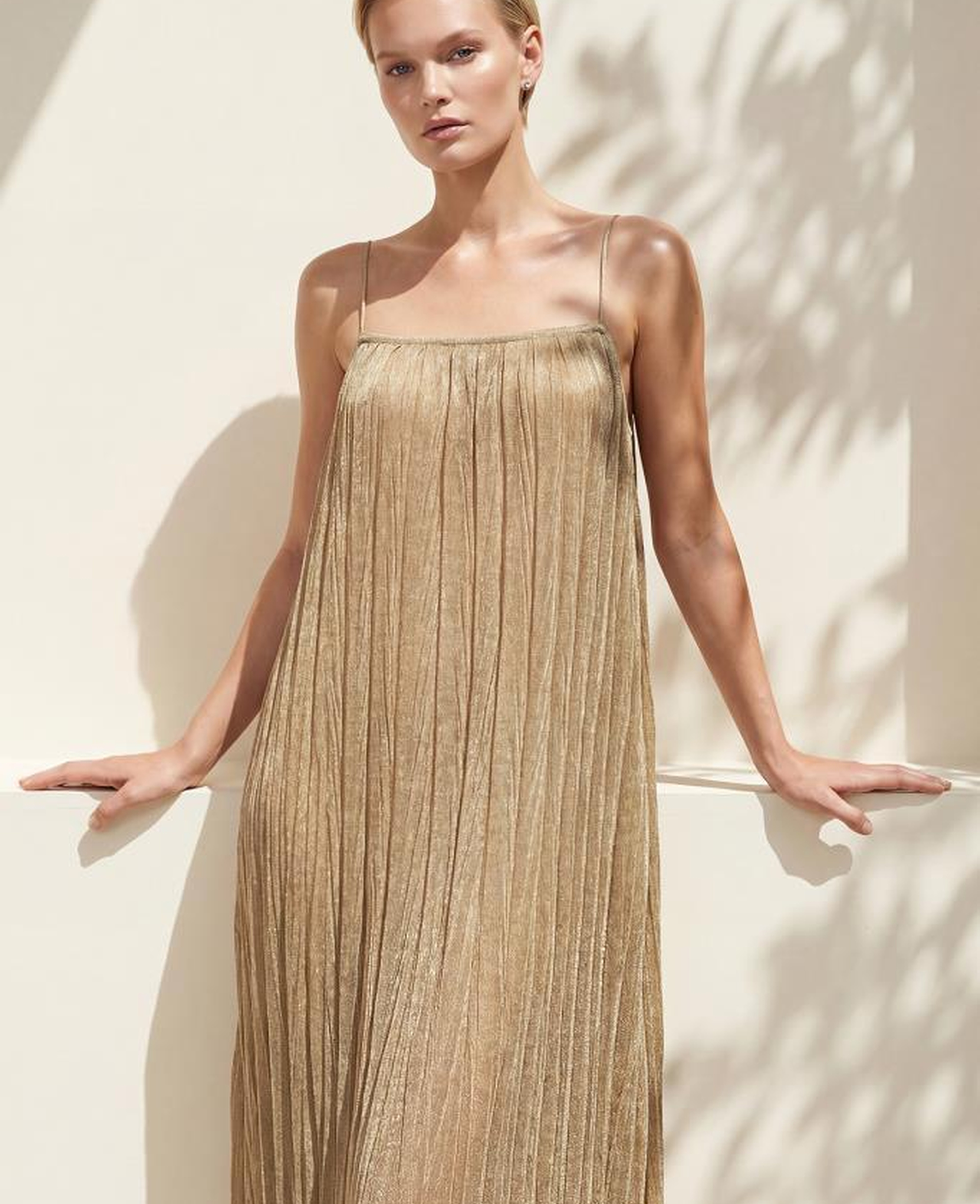 Join Us Astarlı Piliseli Maxi Bej Elbise