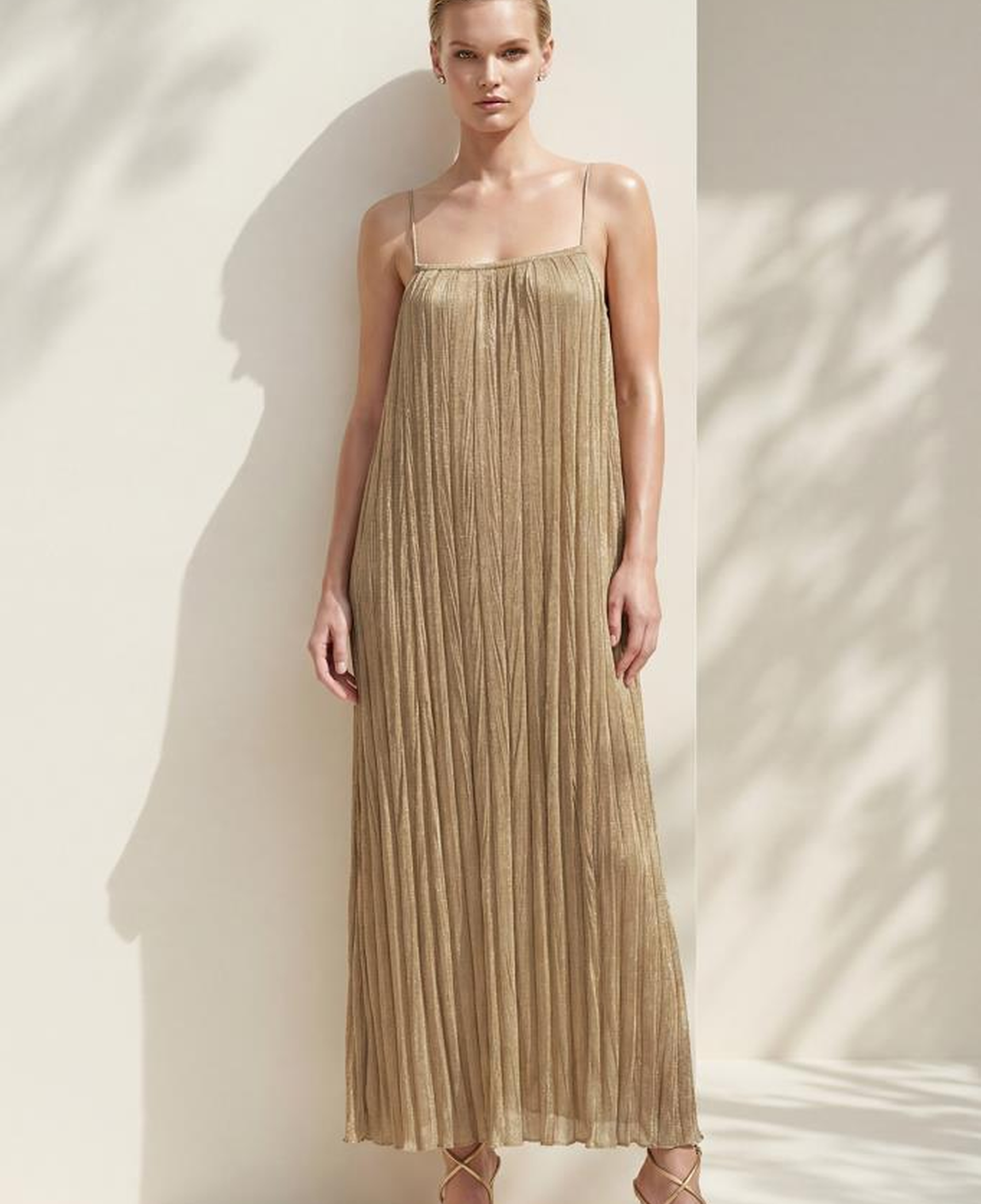 Join Us Astarlı Piliseli Maxi Bej Elbise