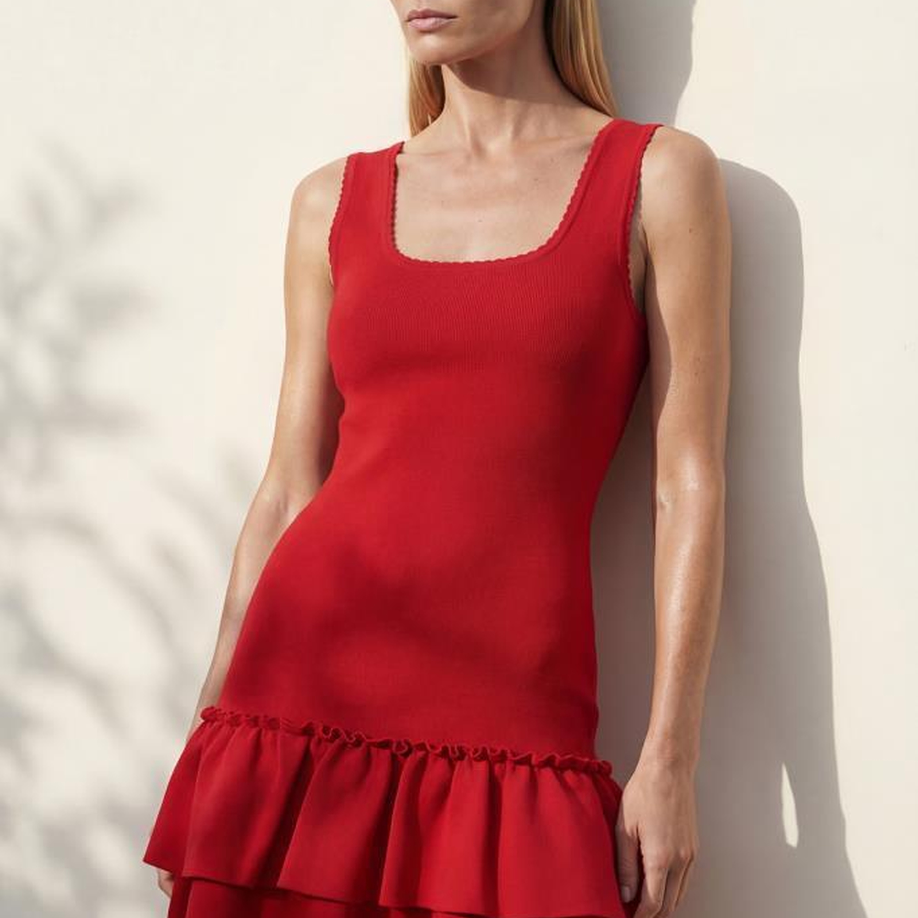 Join Us Kare Yaka Fırfırlı Mini Kırmızı Elbise