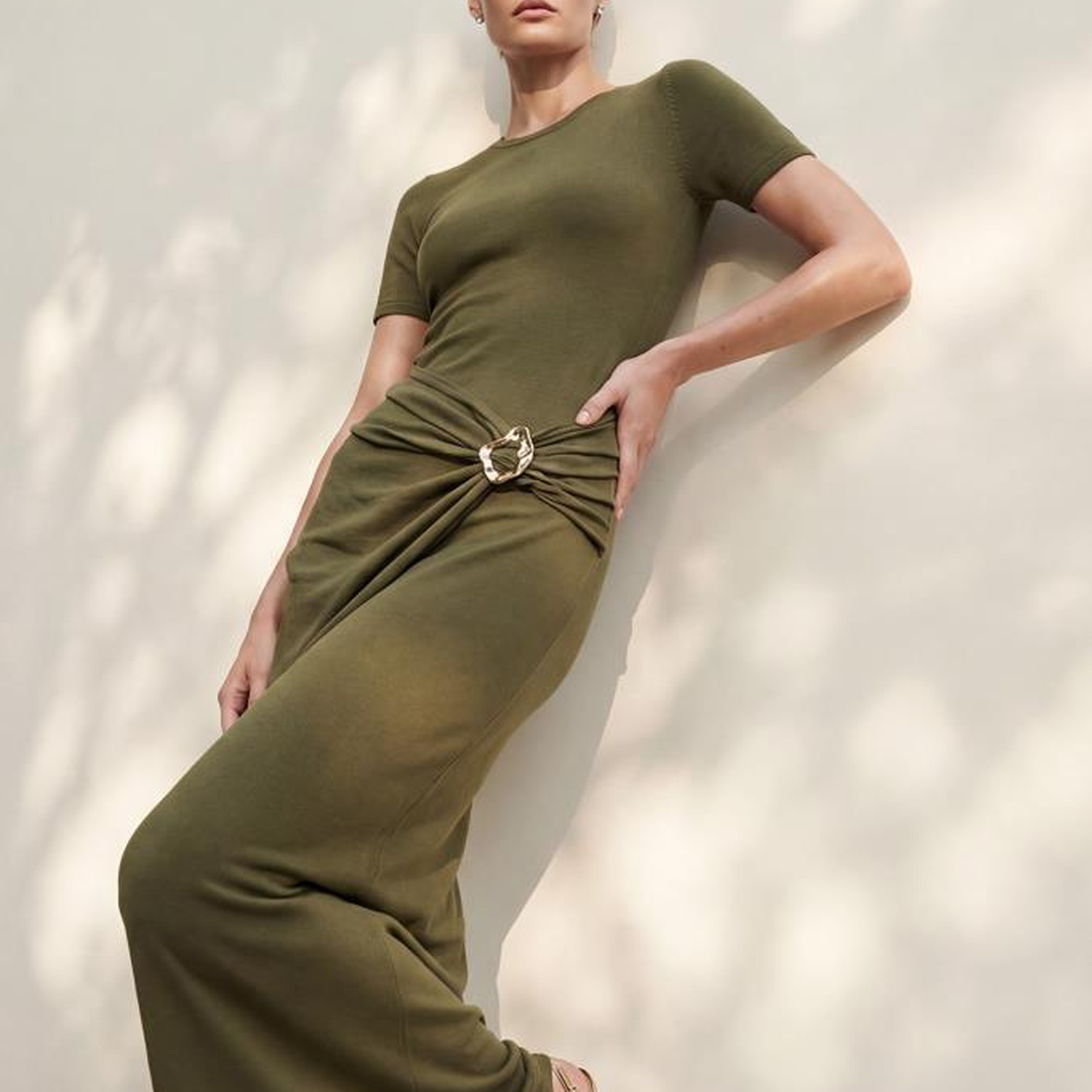 Join Us Kısa Kollu Toka Detaylı Yeşil Midi Elbise