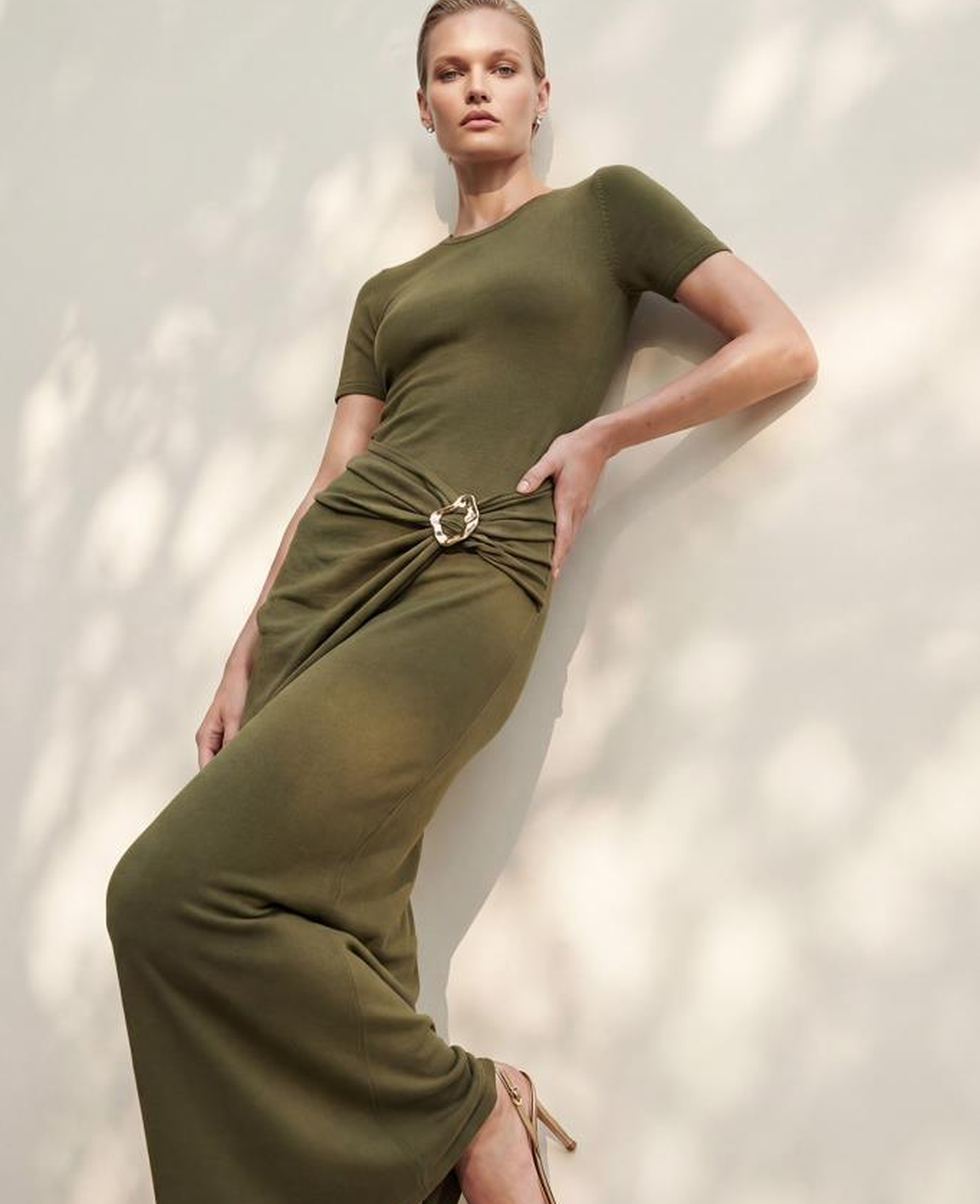 Join Us Kısa Kollu Toka Detaylı Yeşil Midi Elbise