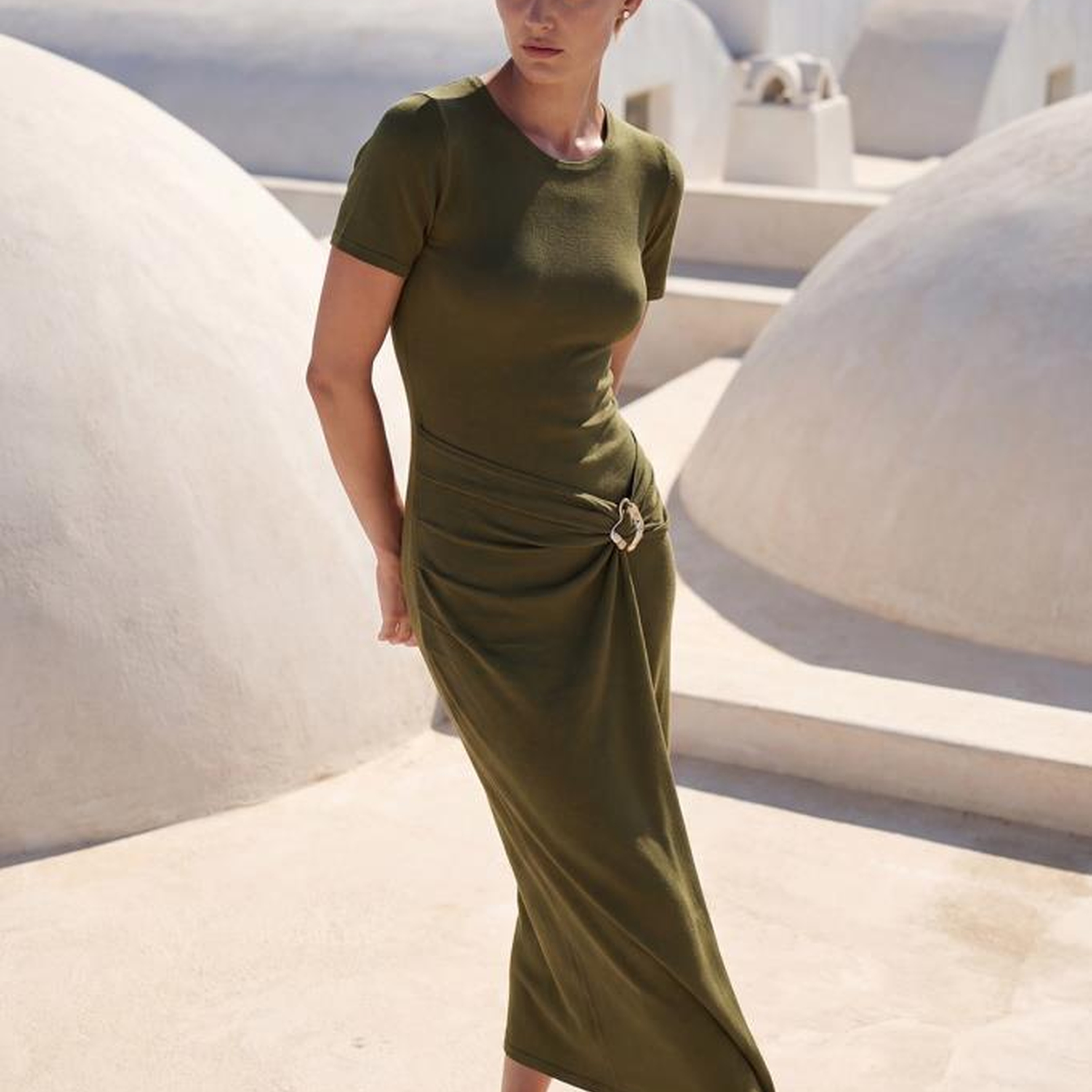 Join Us Kısa Kollu Toka Detaylı Yeşil Midi Elbise