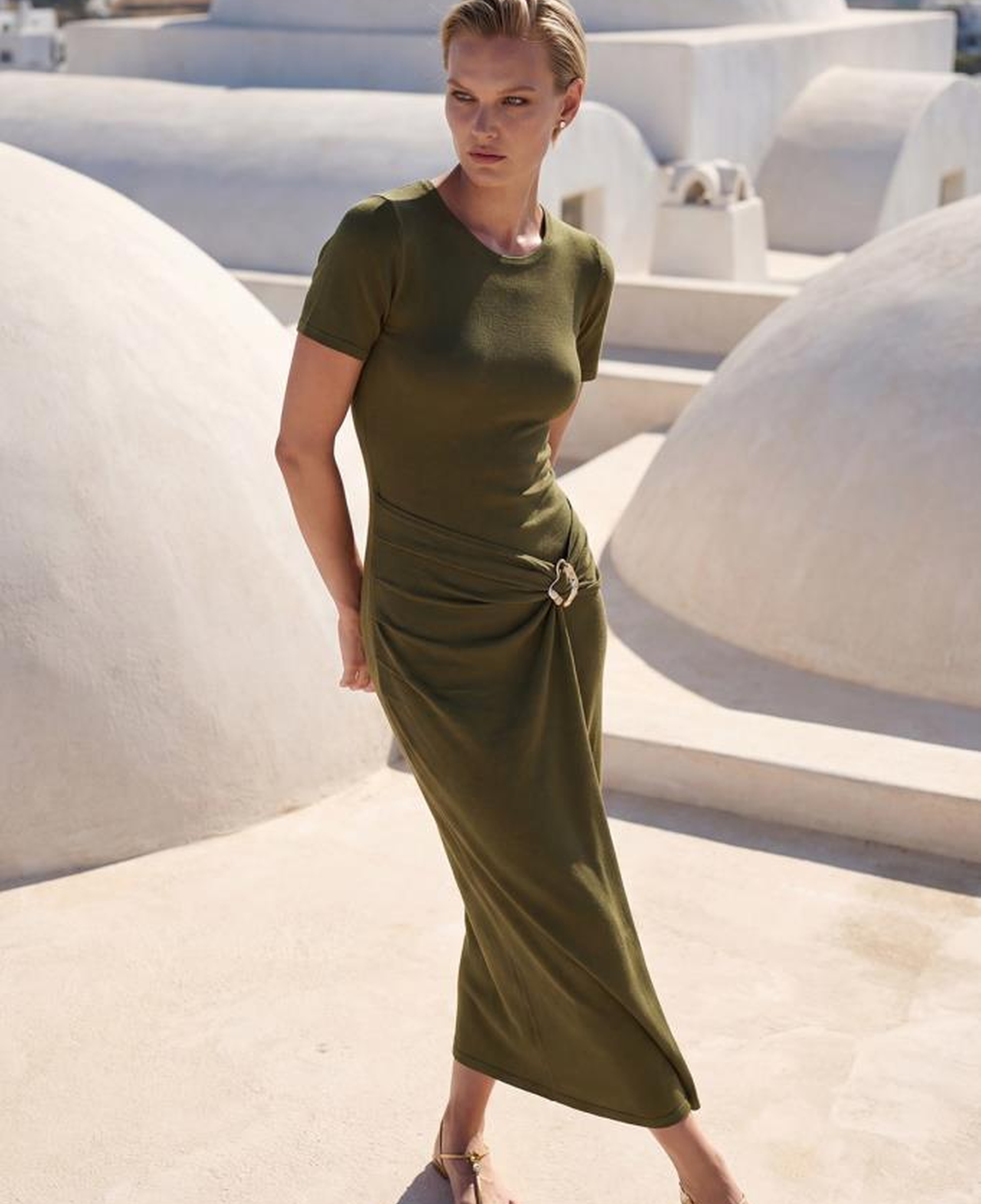 Join Us Kısa Kollu Toka Detaylı Yeşil Midi Elbise