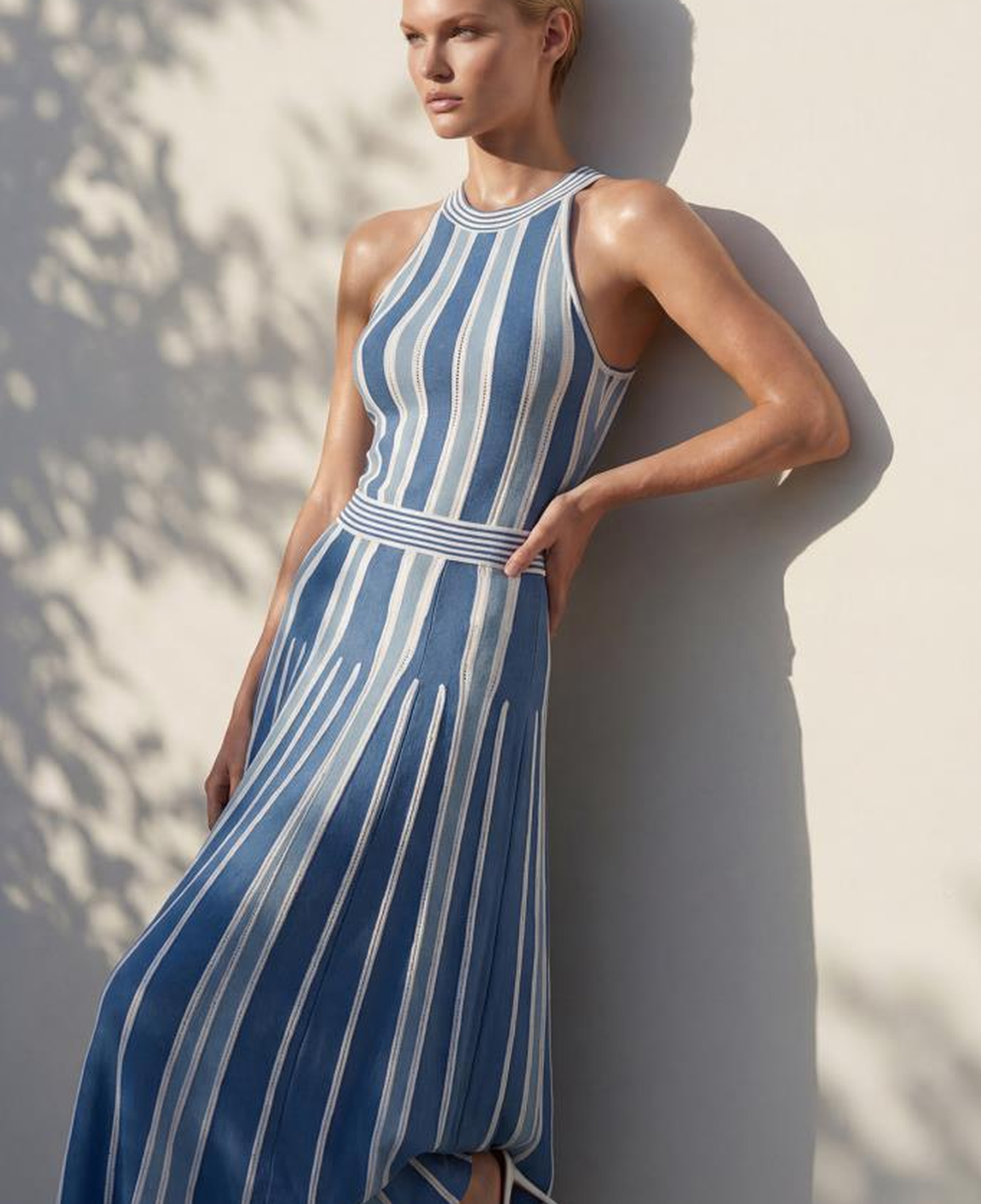 Join Us Beli Kemerli Halter Yaka Mavi Kloş Elbise