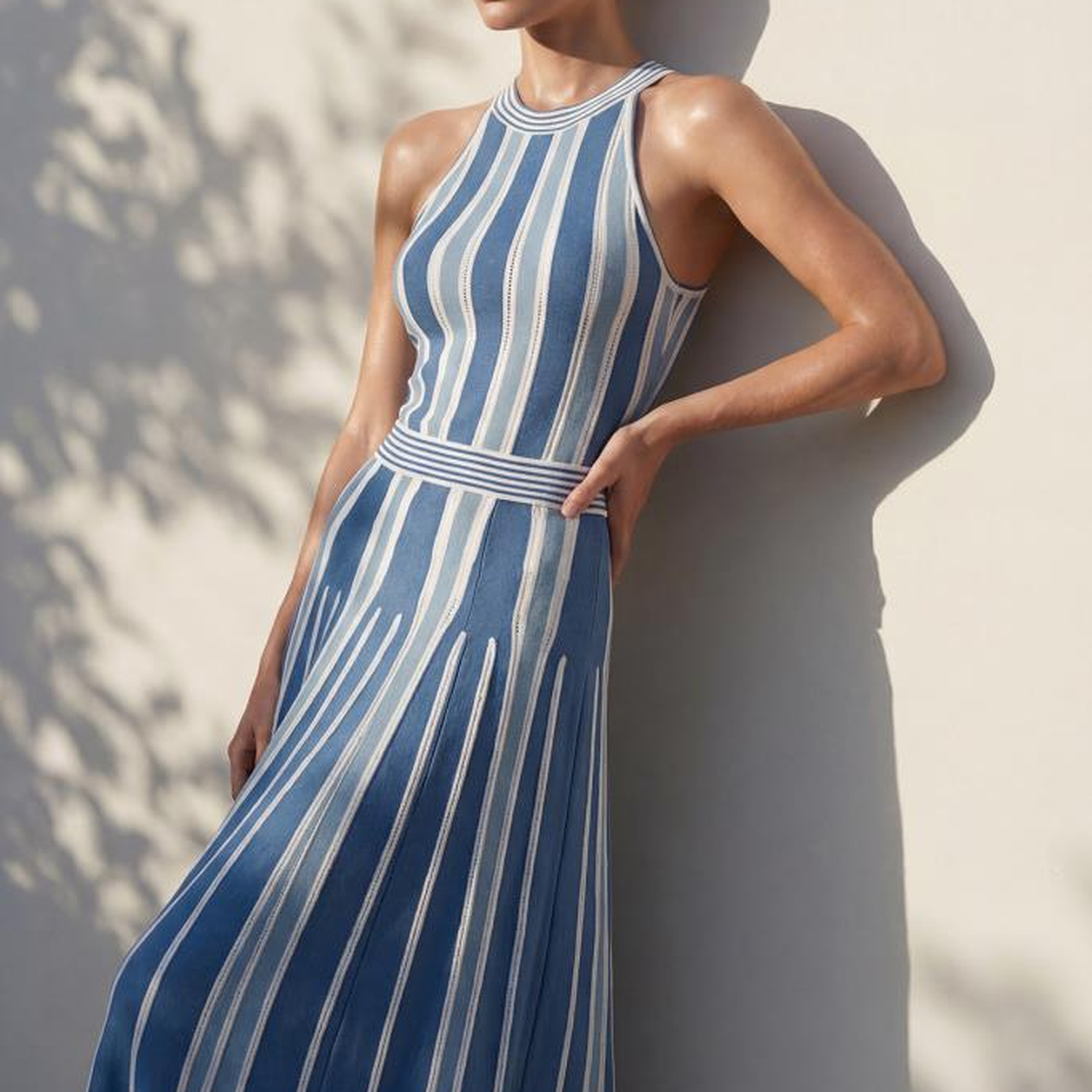 Join Us Beli Kemerli Halter Yaka Mavi Kloş Elbise