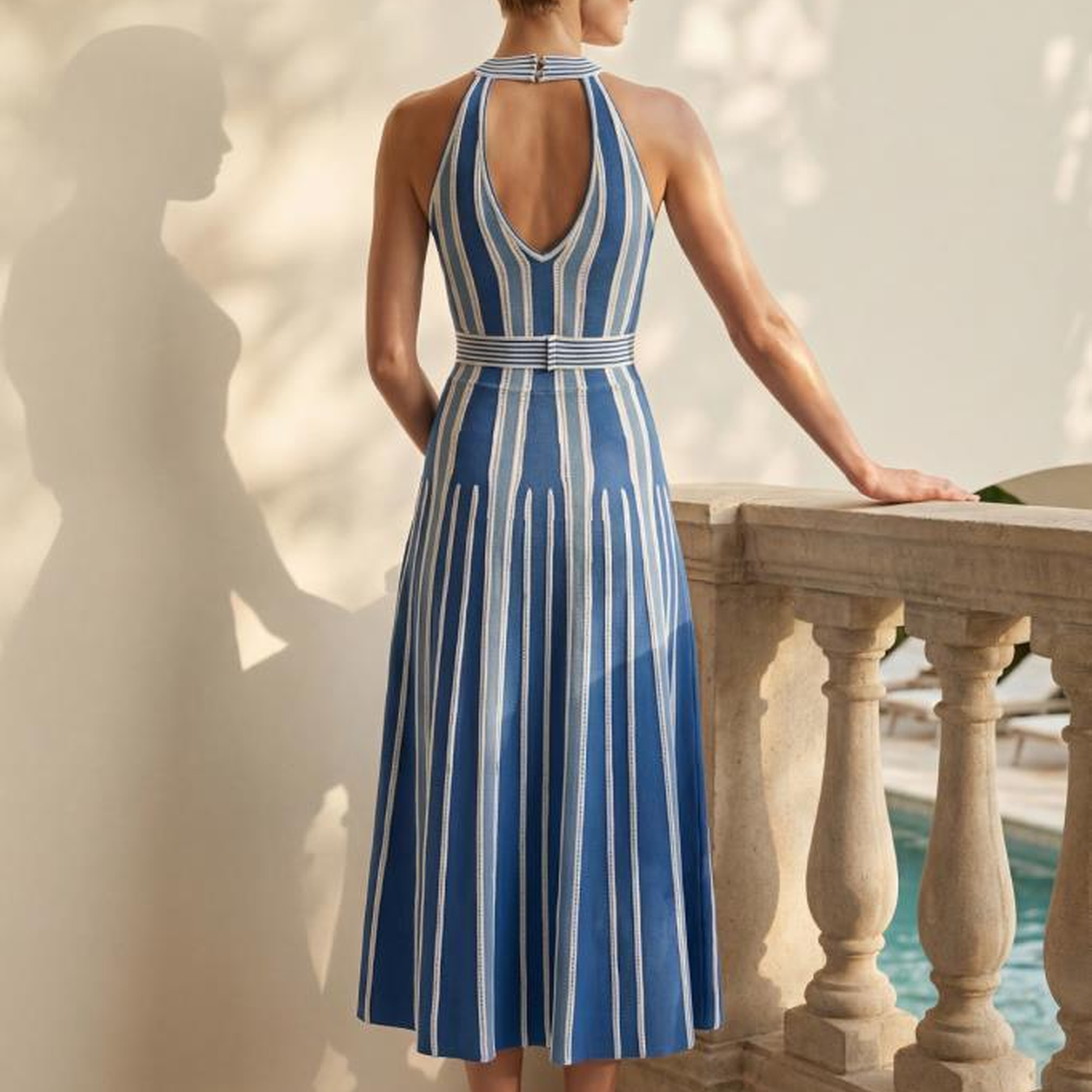 Join Us Beli Kemerli Halter Yaka Mavi Kloş Elbise