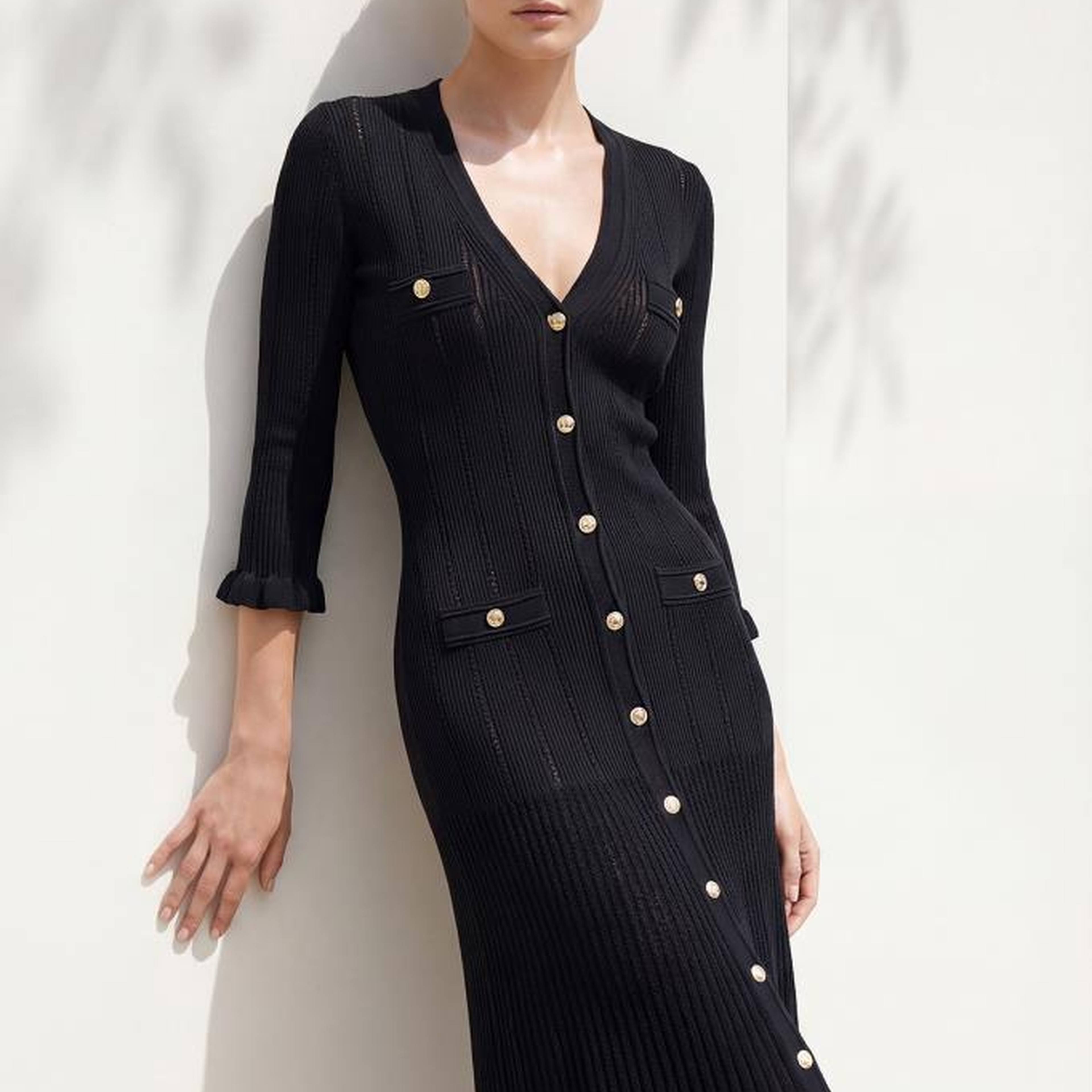 Join Us Süs Cep Detaylı Çıtçıtlı Midi Siyah Elbise