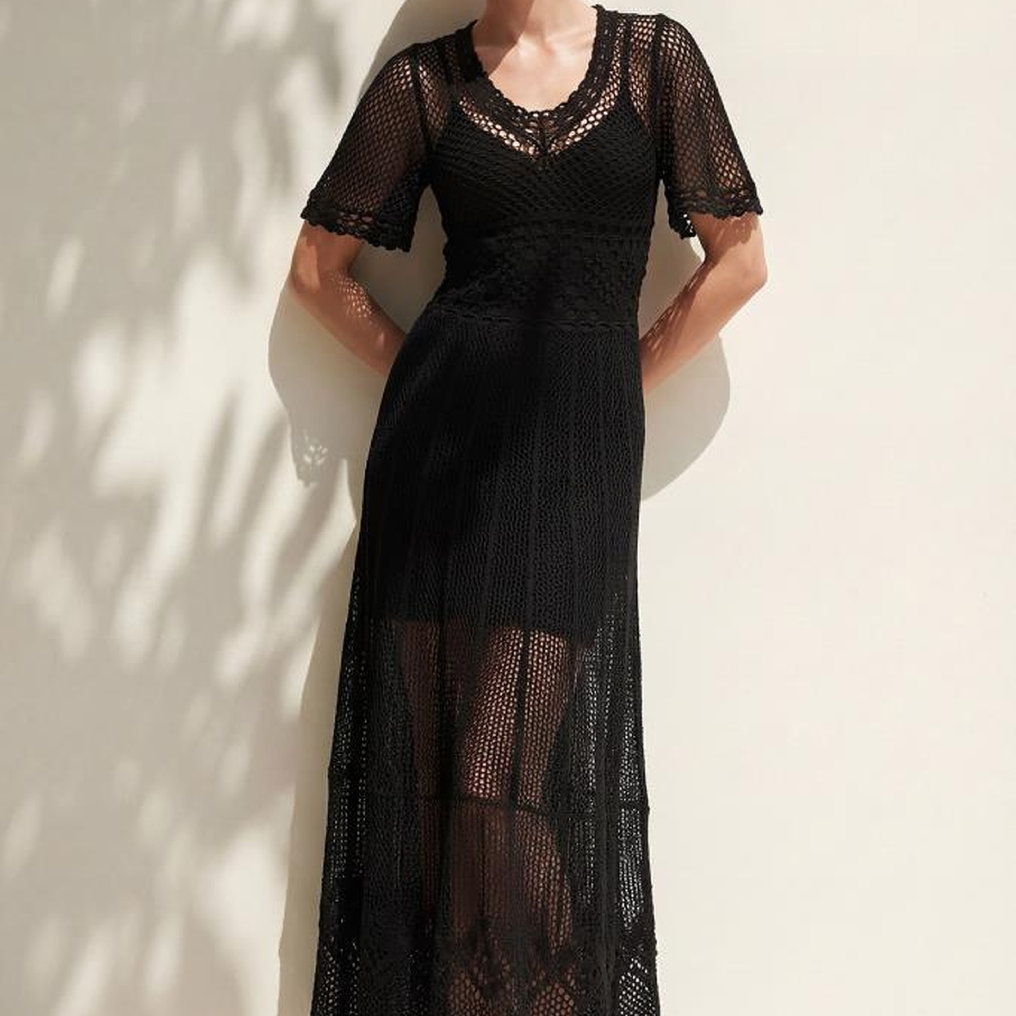 Join Us V Yaka Ajurlu Astarlı Siyah Maxi Elbise