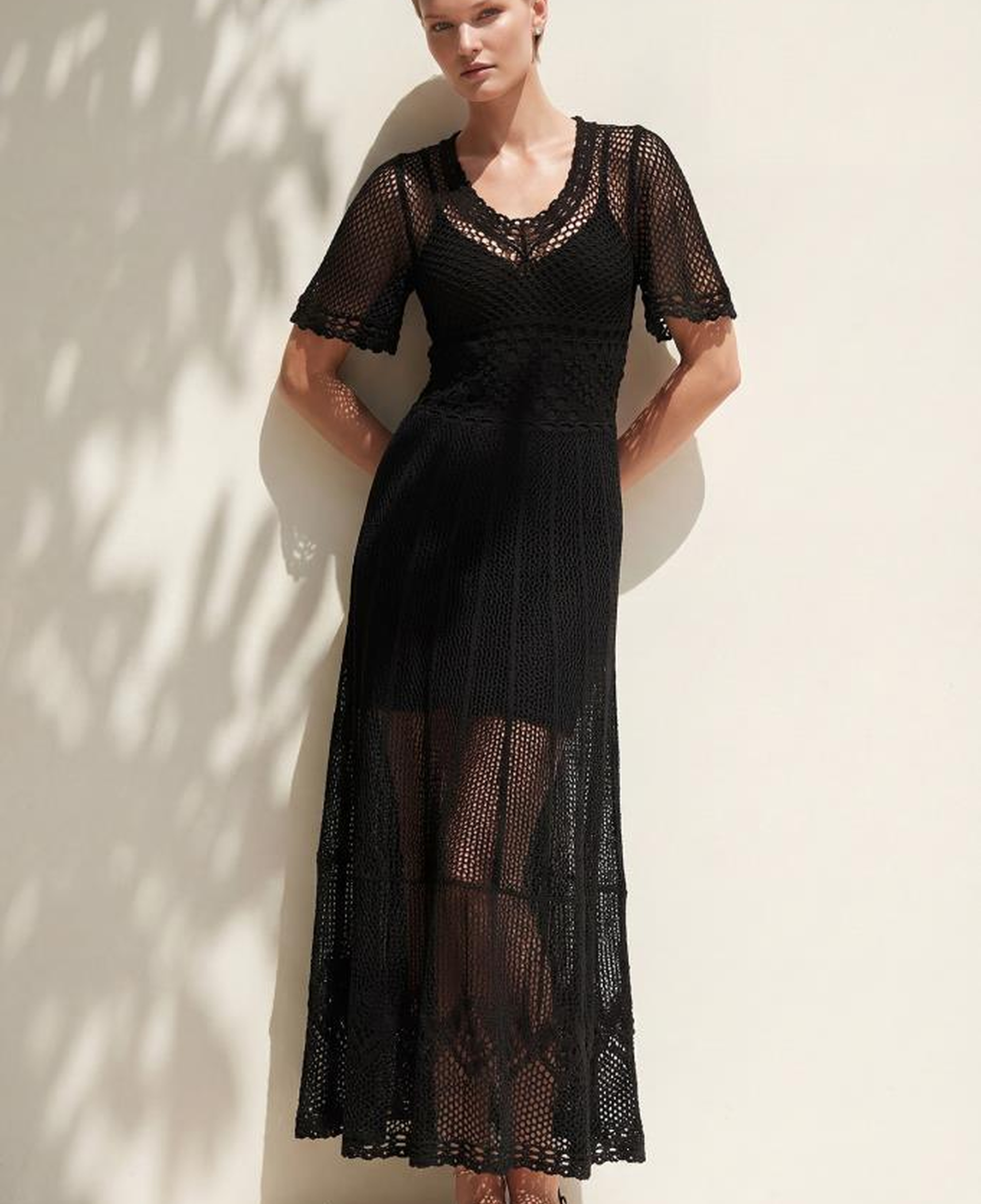 Join Us V Yaka Ajurlu Astarlı Siyah Maxi Elbise