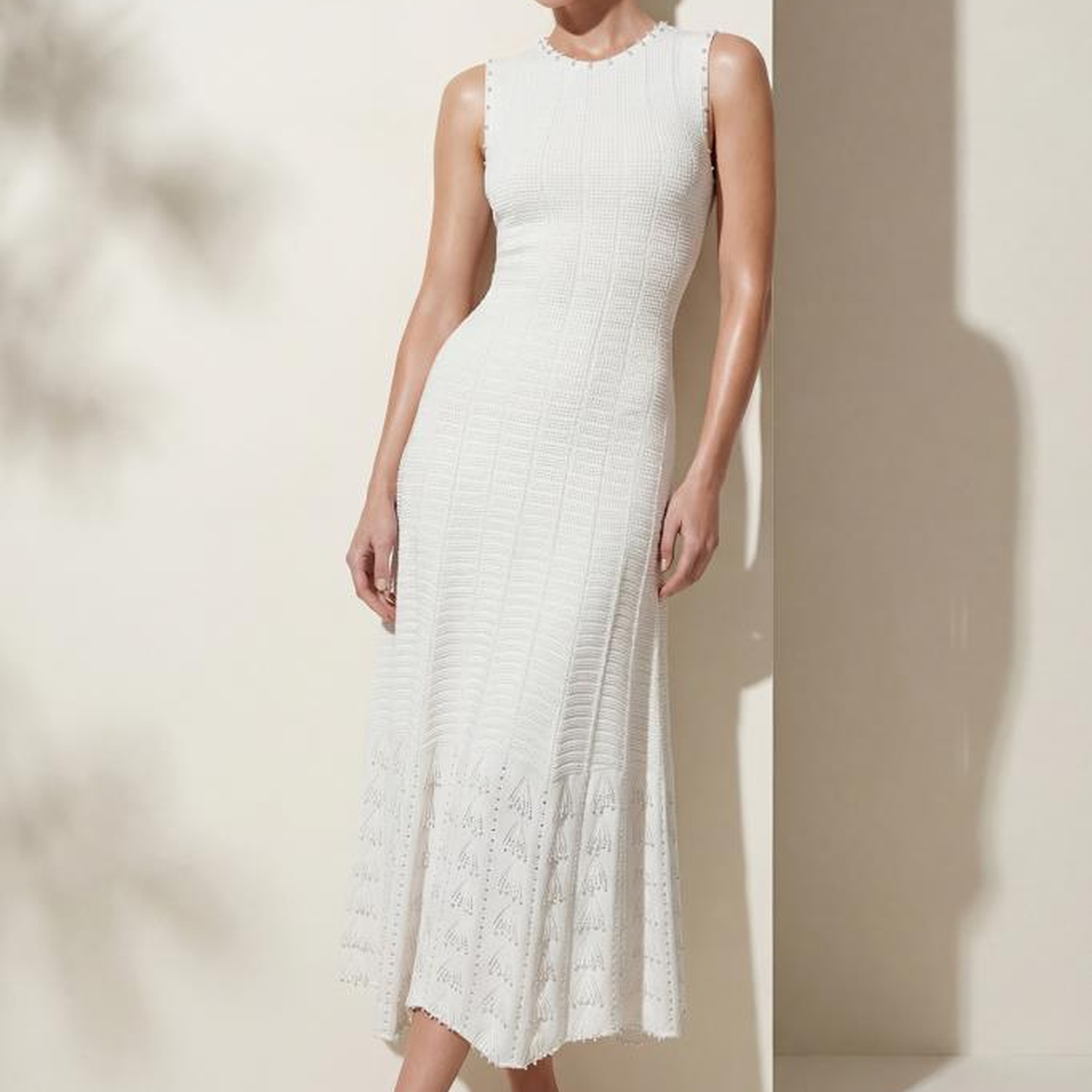 Join Us El İşi İnci Baskılı Ajurlu Beyaz Midi Elbise