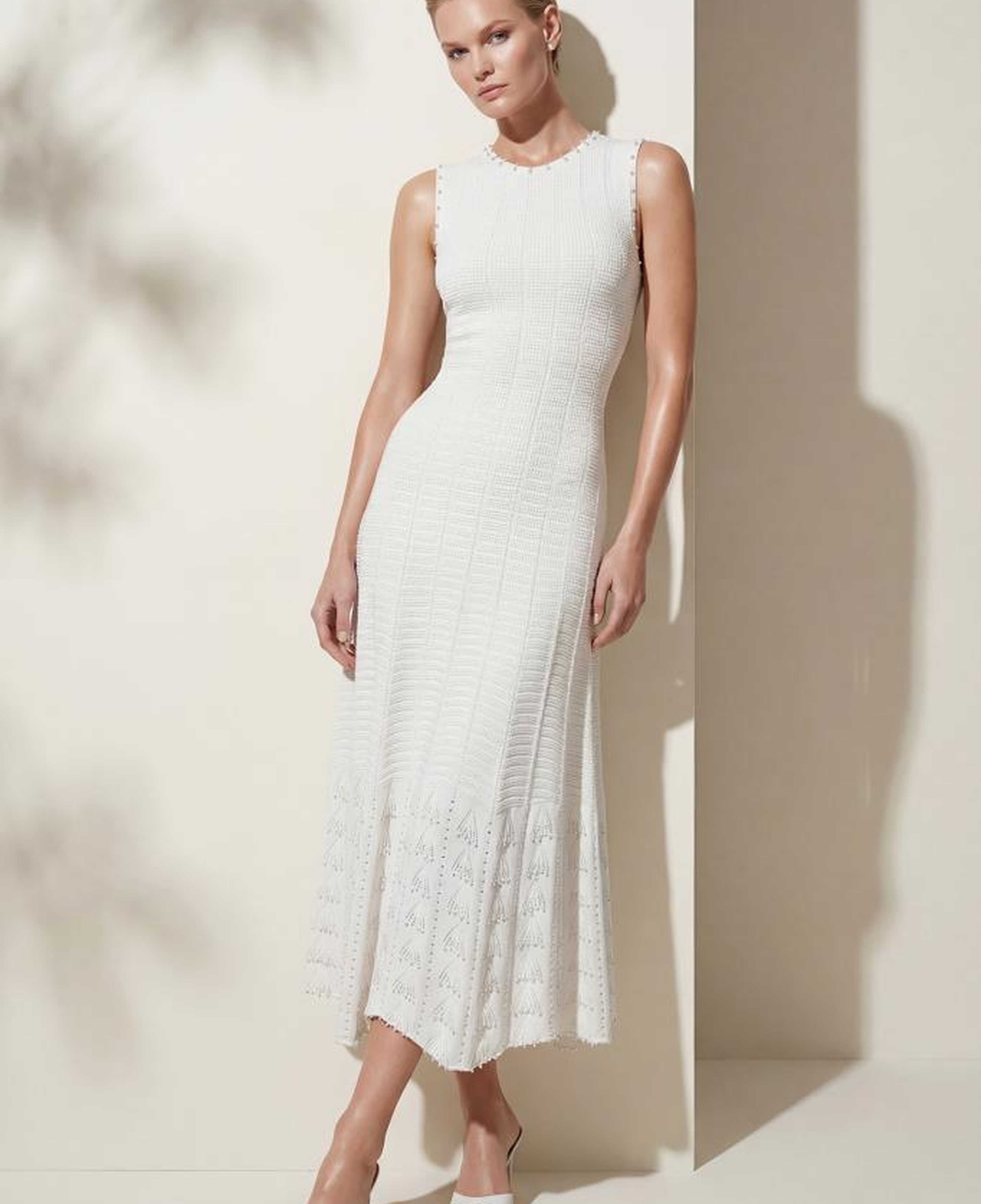 Join Us El İşi İnci Baskılı Ajurlu Beyaz Midi Elbise