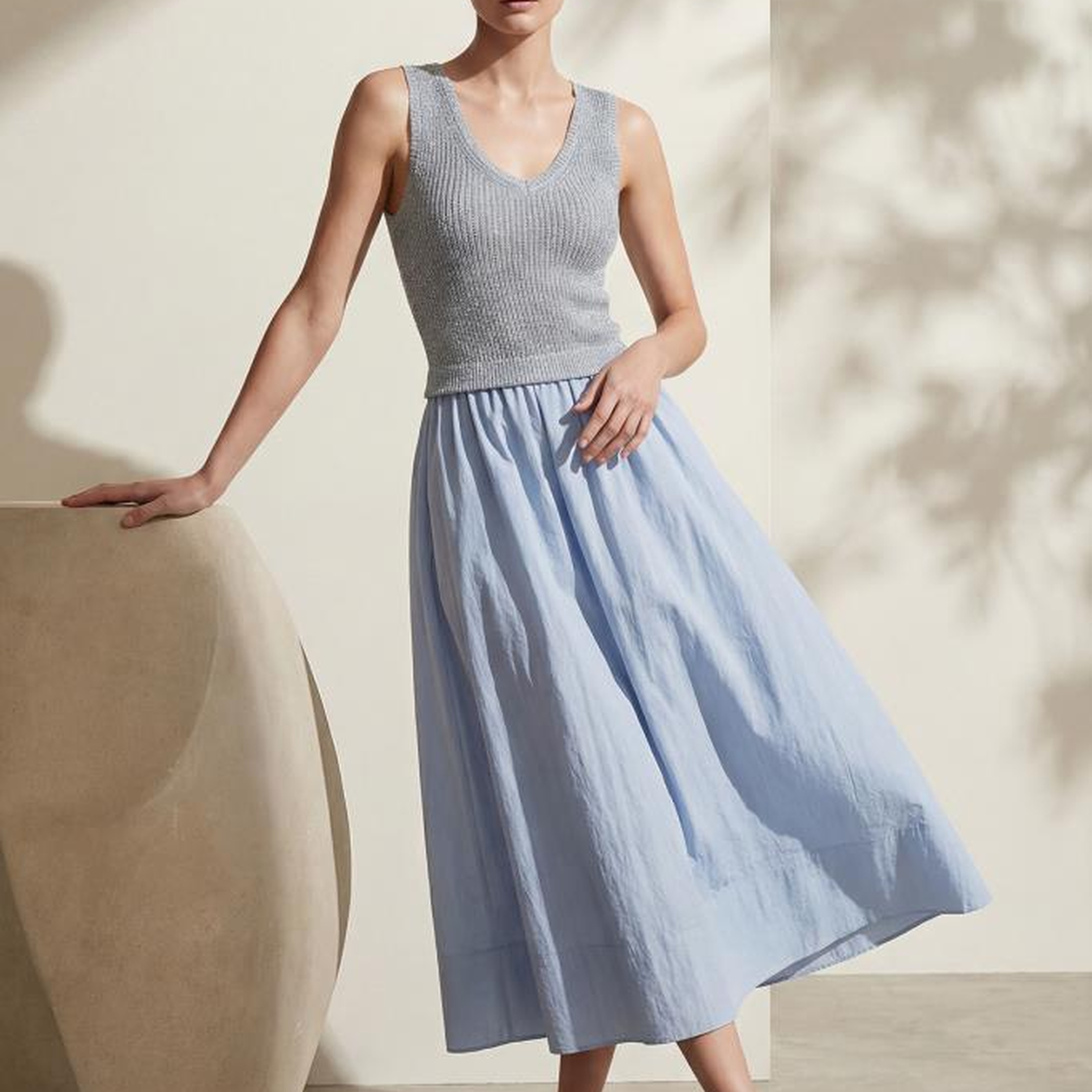 Join Us V Yaka Kumaş Etekli Mavi Midi Elbise