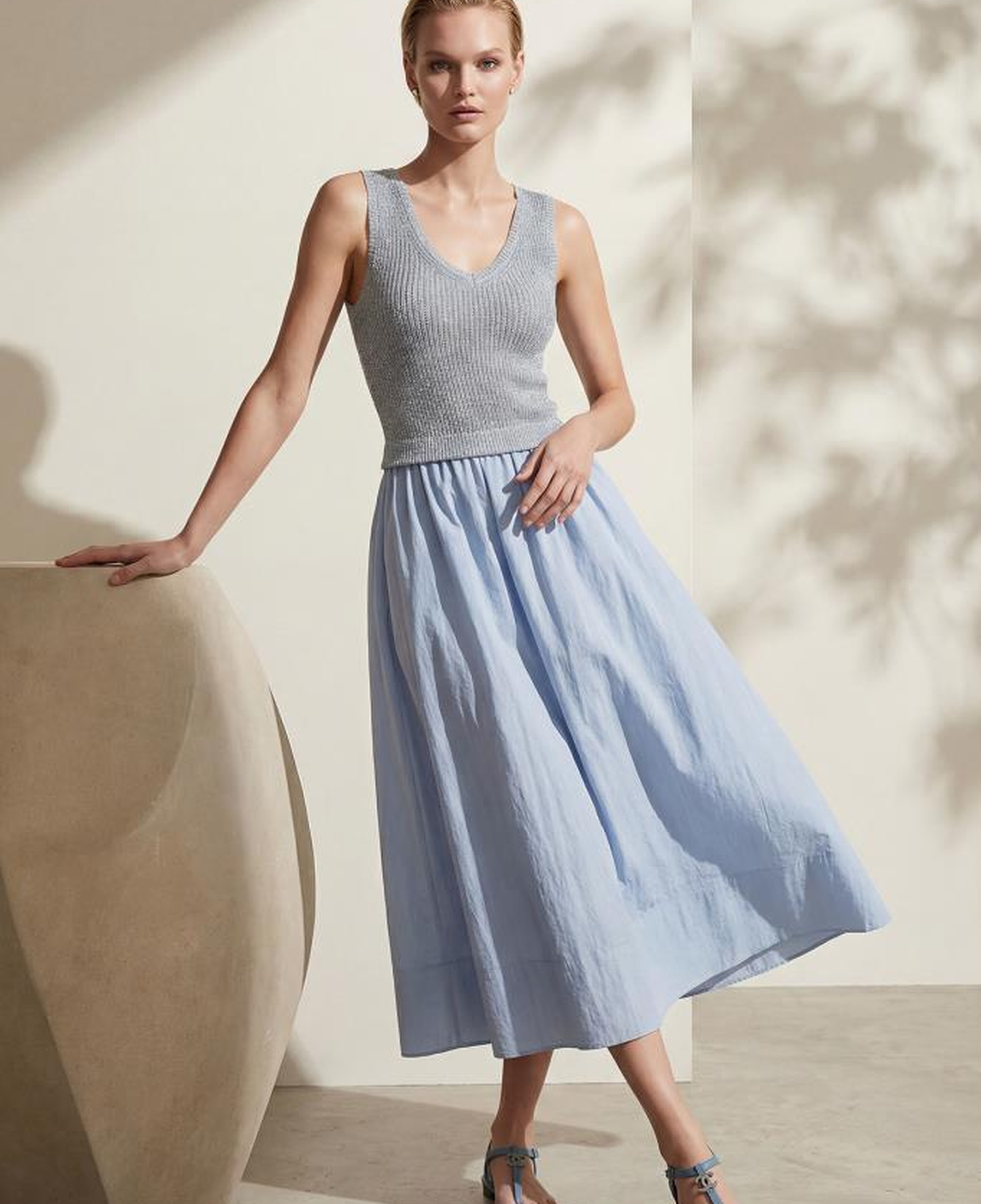 Join Us V Yaka Kumaş Etekli Mavi Midi Elbise