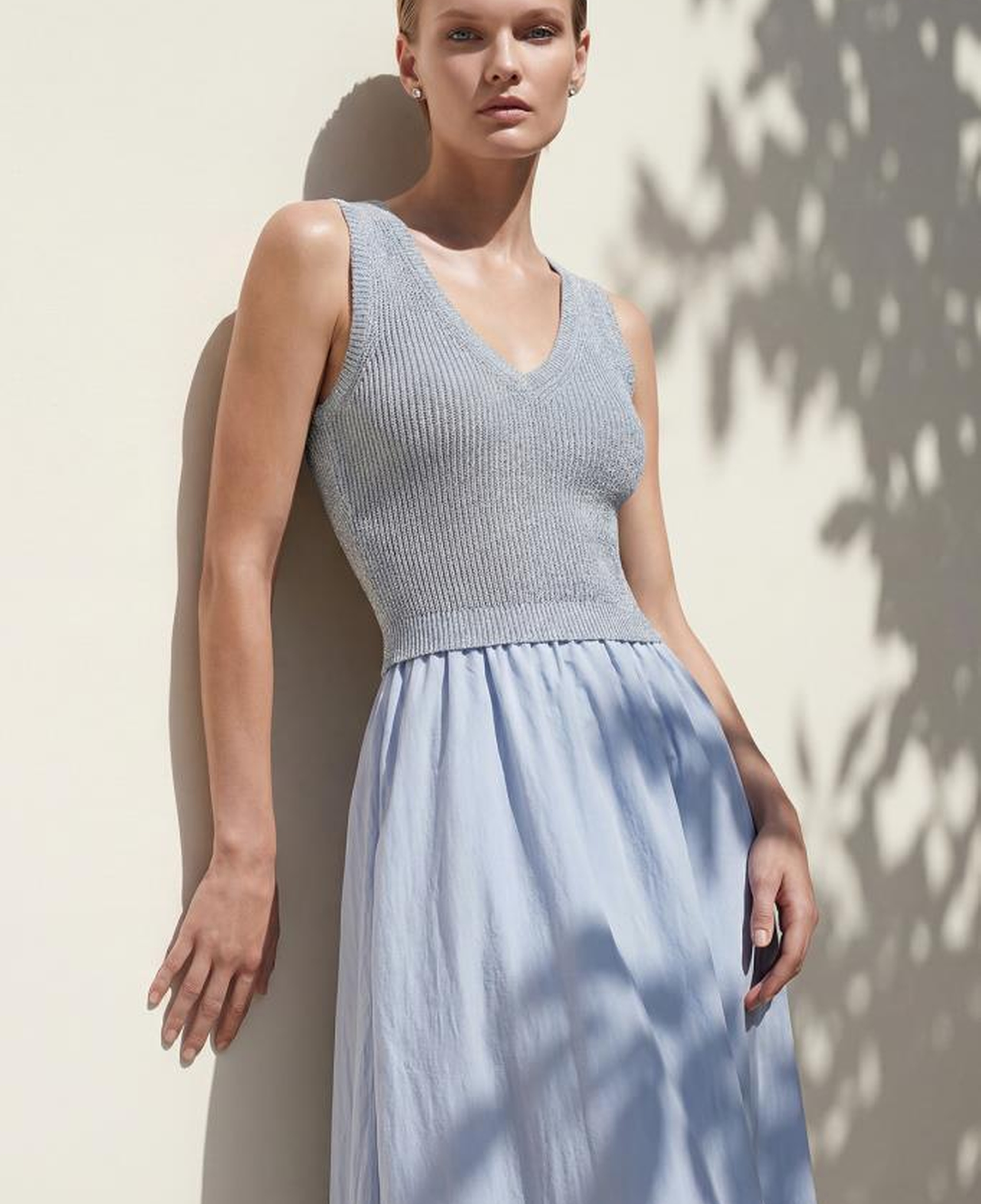 Join Us V Yaka Kumaş Etekli Mavi Midi Elbise