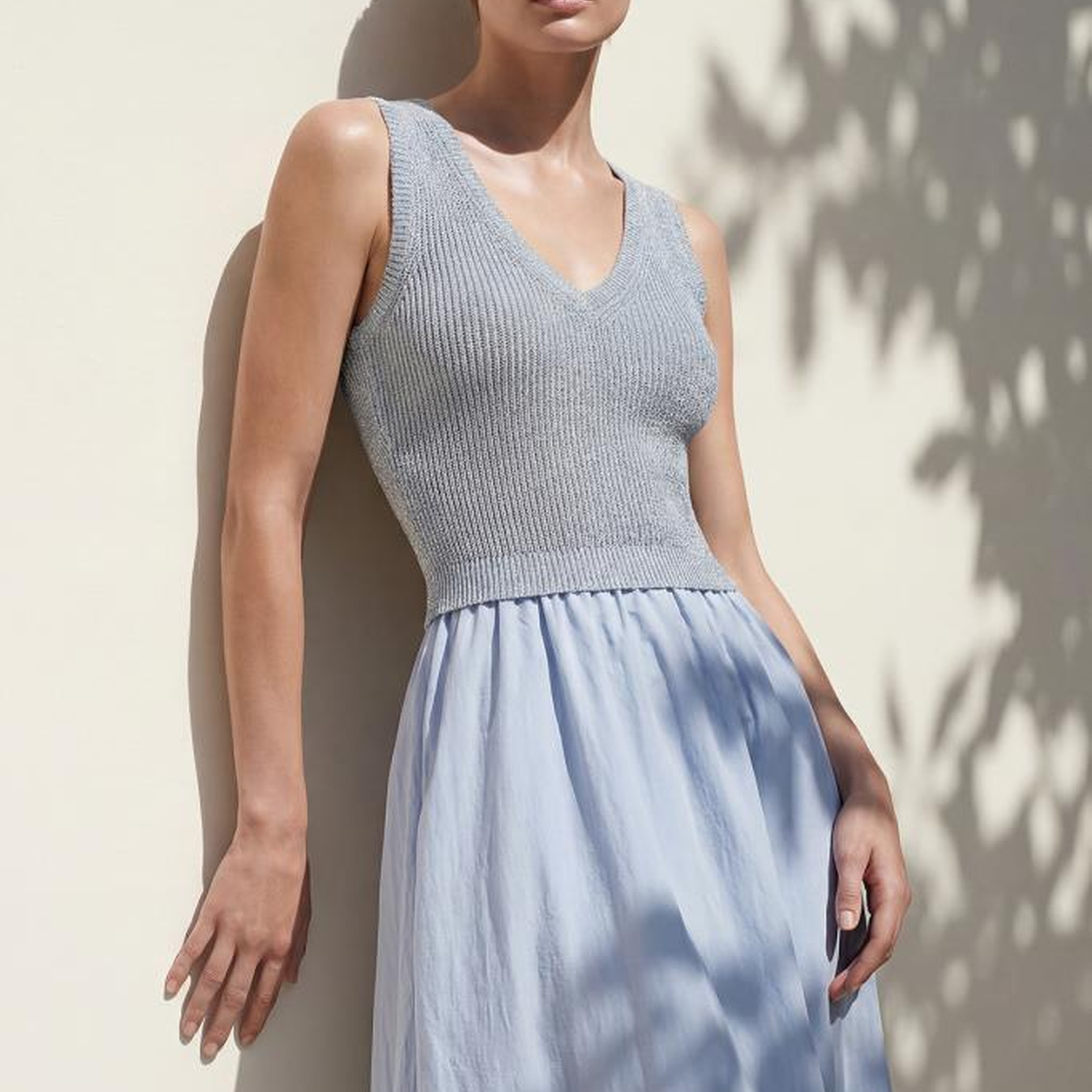 Join Us V Yaka Kumaş Etekli Mavi Midi Elbise