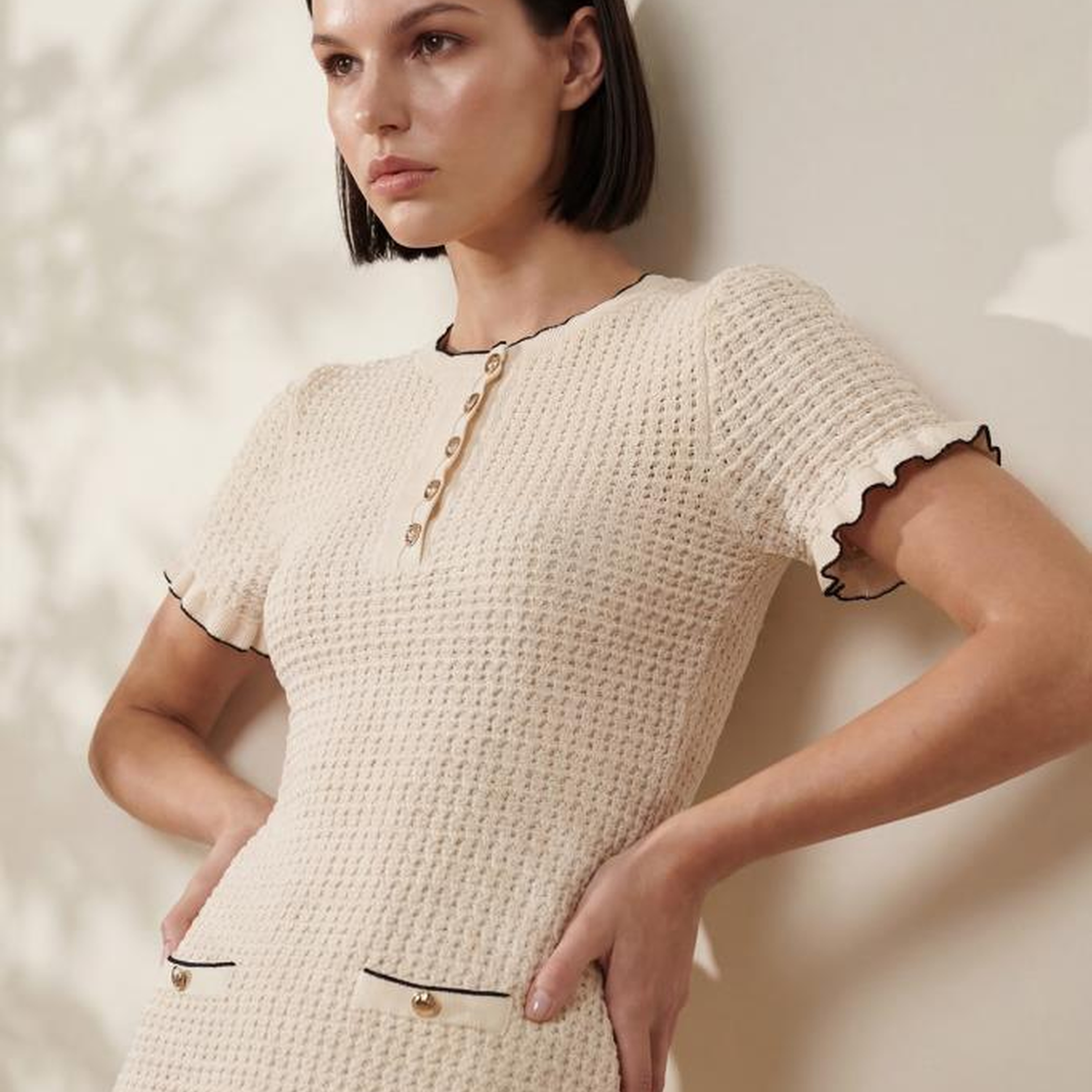 Join Us Süs Cep Detaylı Düğmeli Ekru Mini Elbise