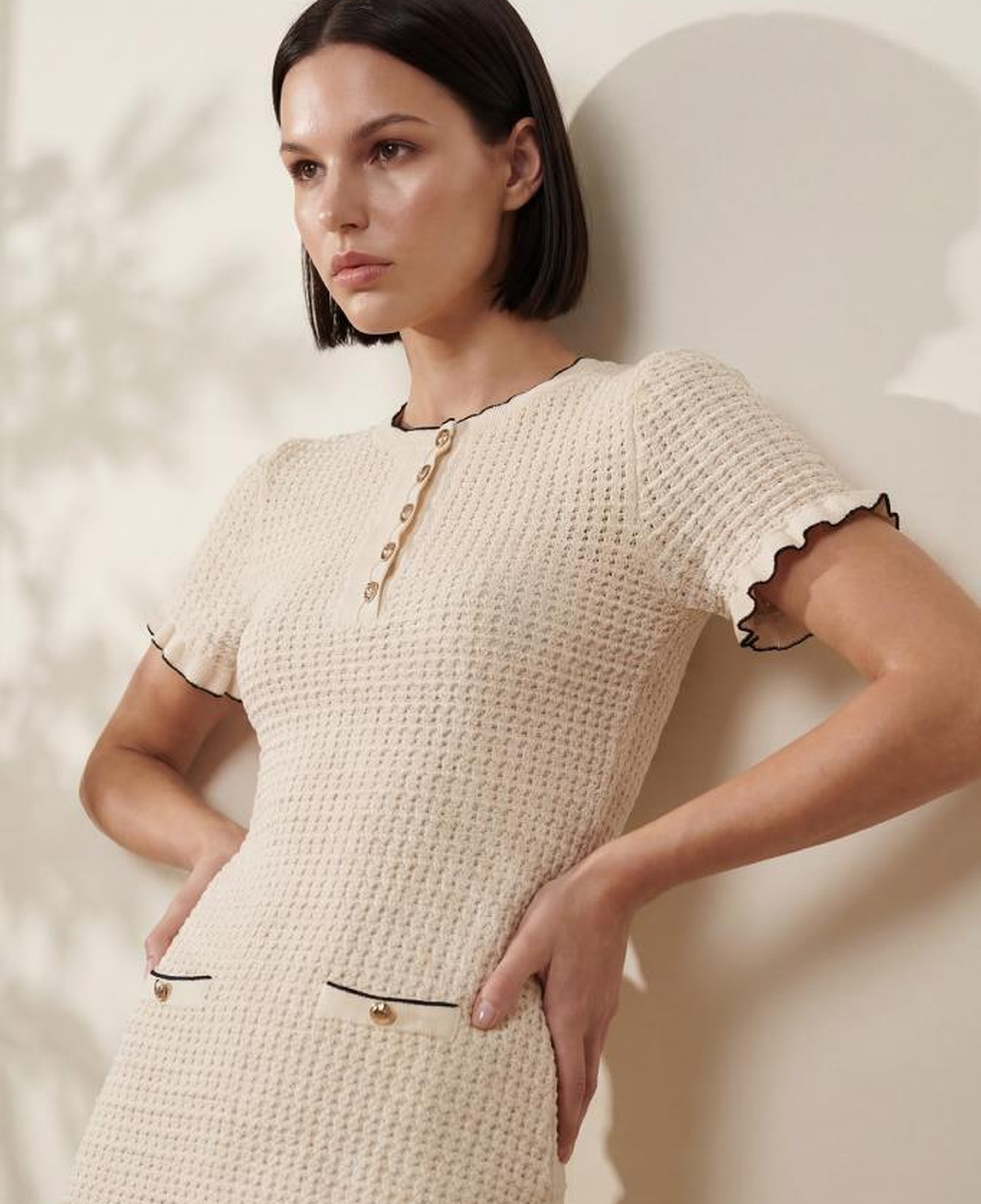 Join Us Süs Cep Detaylı Düğmeli Ekru Mini Elbise