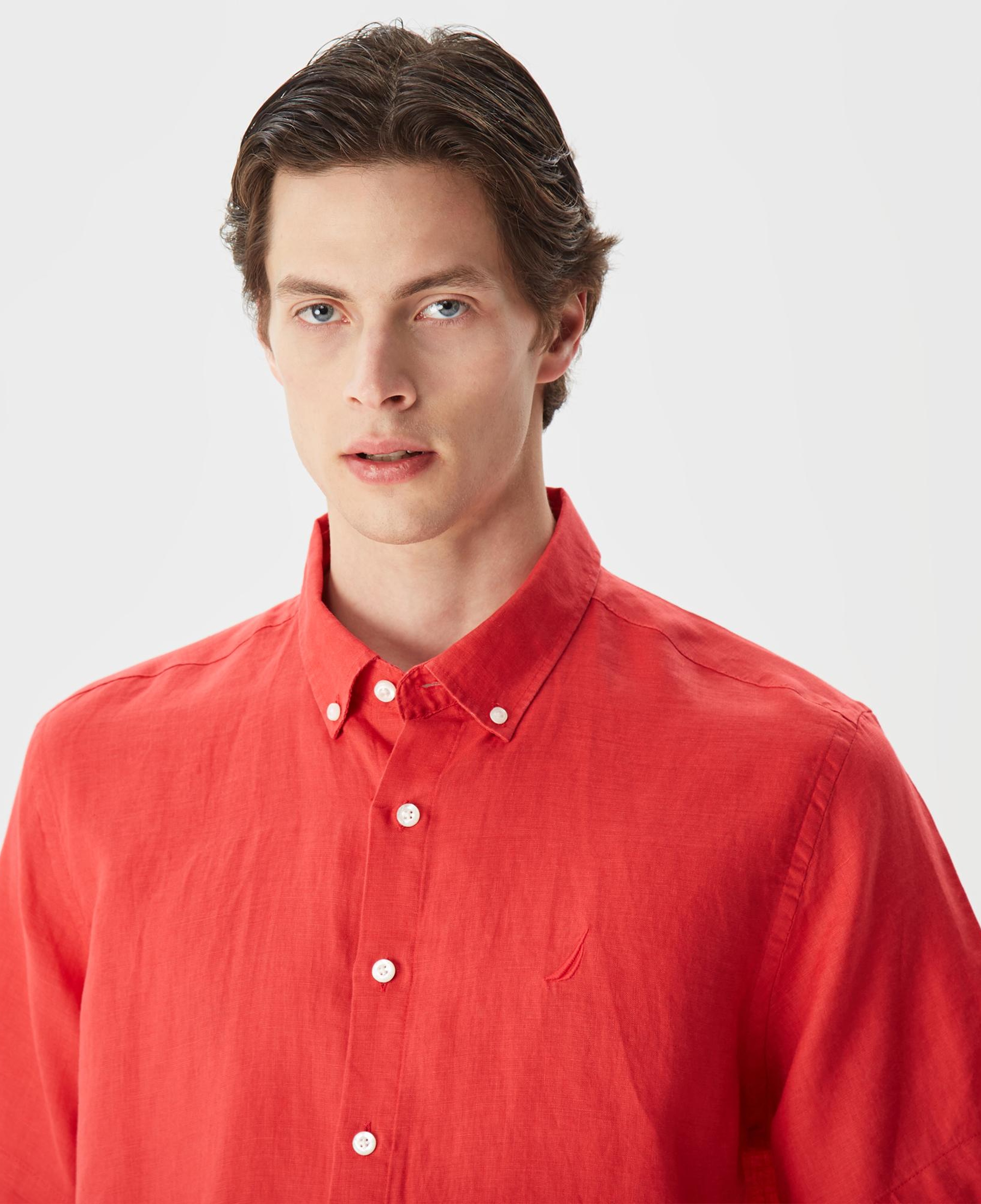 Nautica Erkek Turuncu Classic Fit Kısa Kollu Keten Gömlek