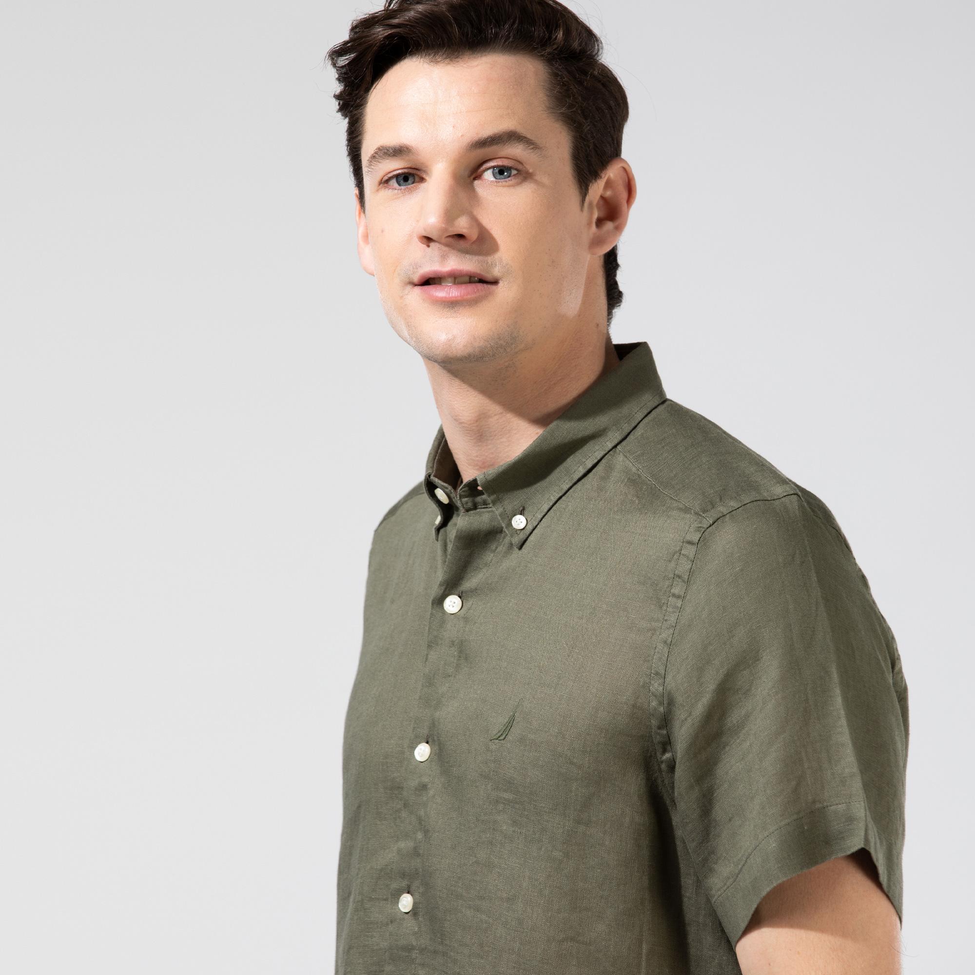 Nautica Erkek Yeşil Classic Fit Kısa Kollu Keten Gömlek