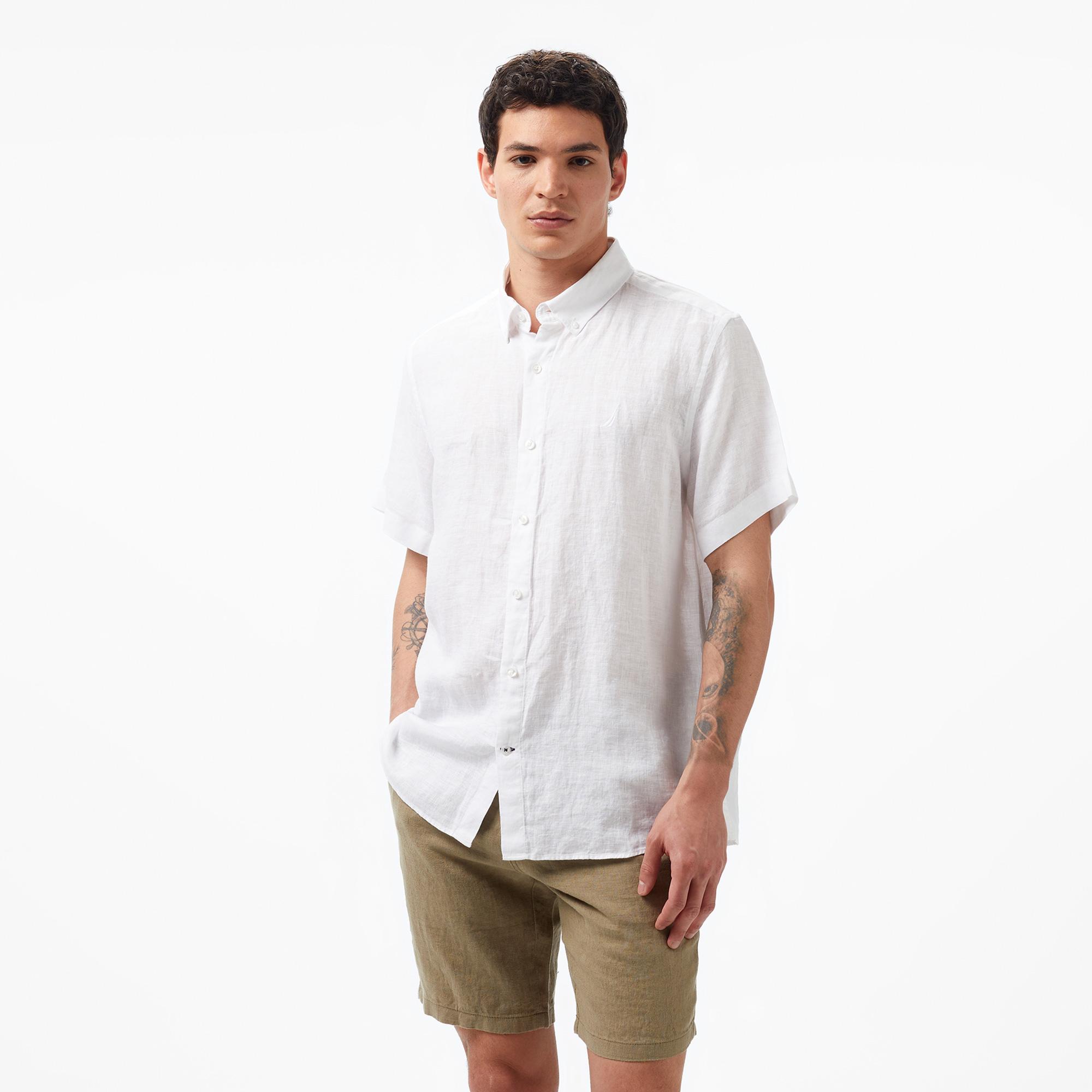 Nautica Erkek Beyaz Classic Fit Kısa Kollu Keten Gömlek