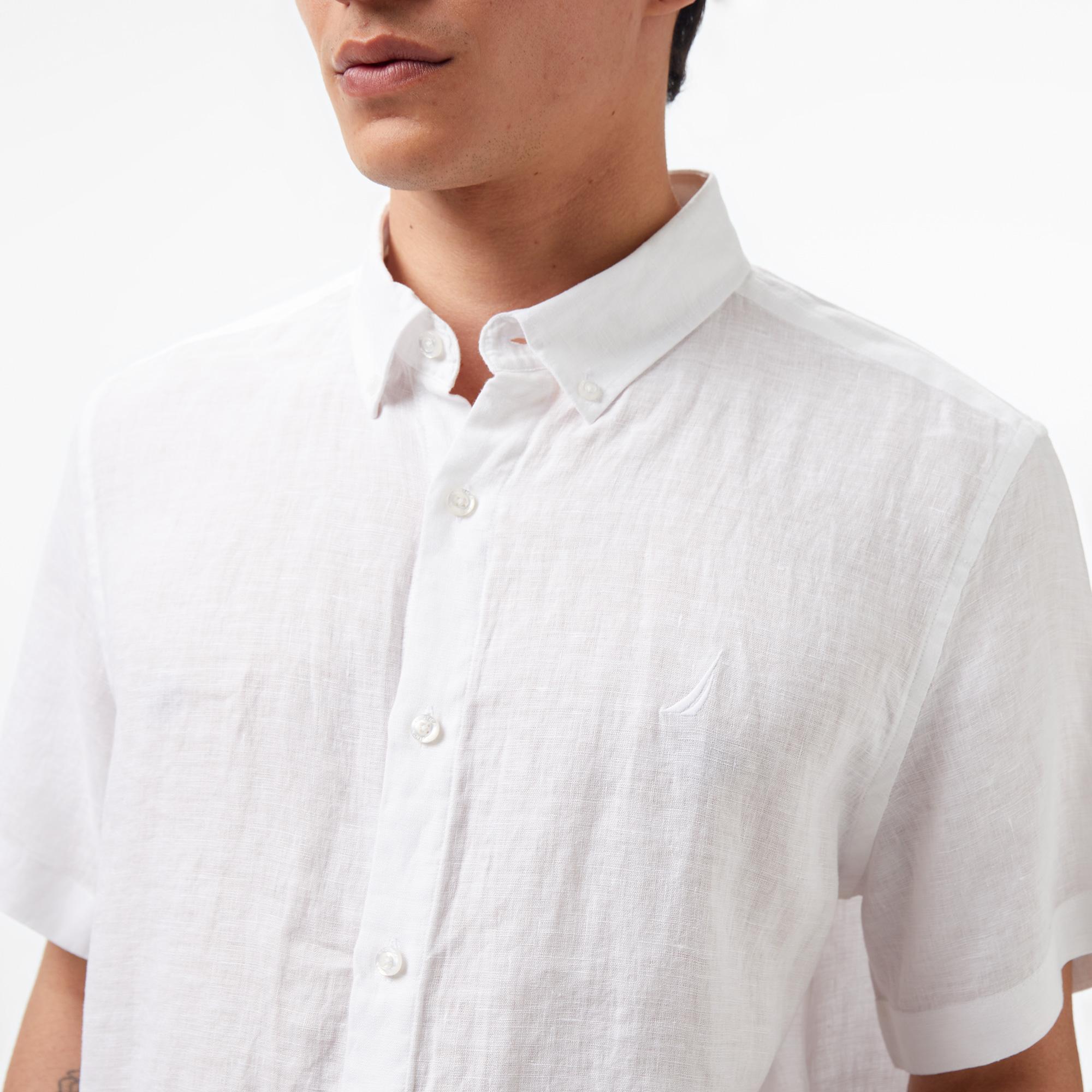 Nautica Erkek Beyaz Classic Fit Kısa Kollu Keten Gömlek