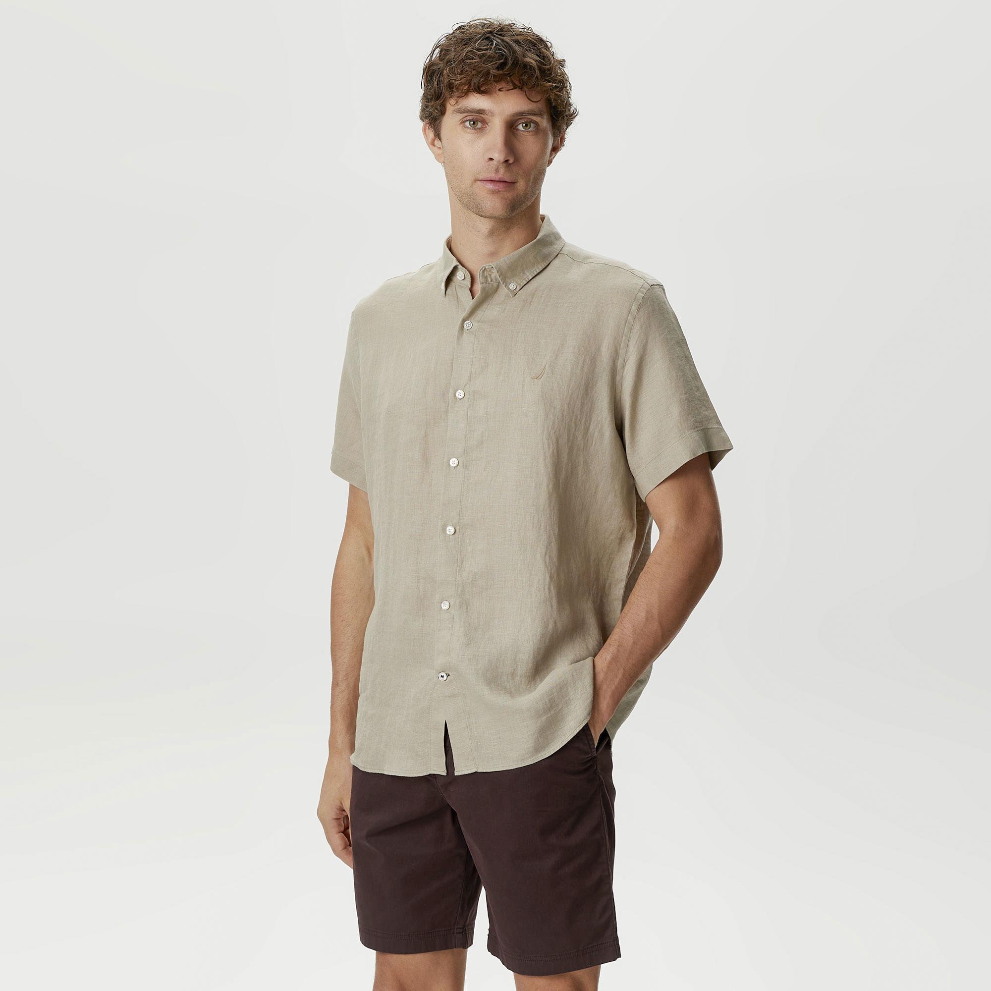 Nautica Erkek Bej Classic Fit Kısa Kollu Keten Gömlek